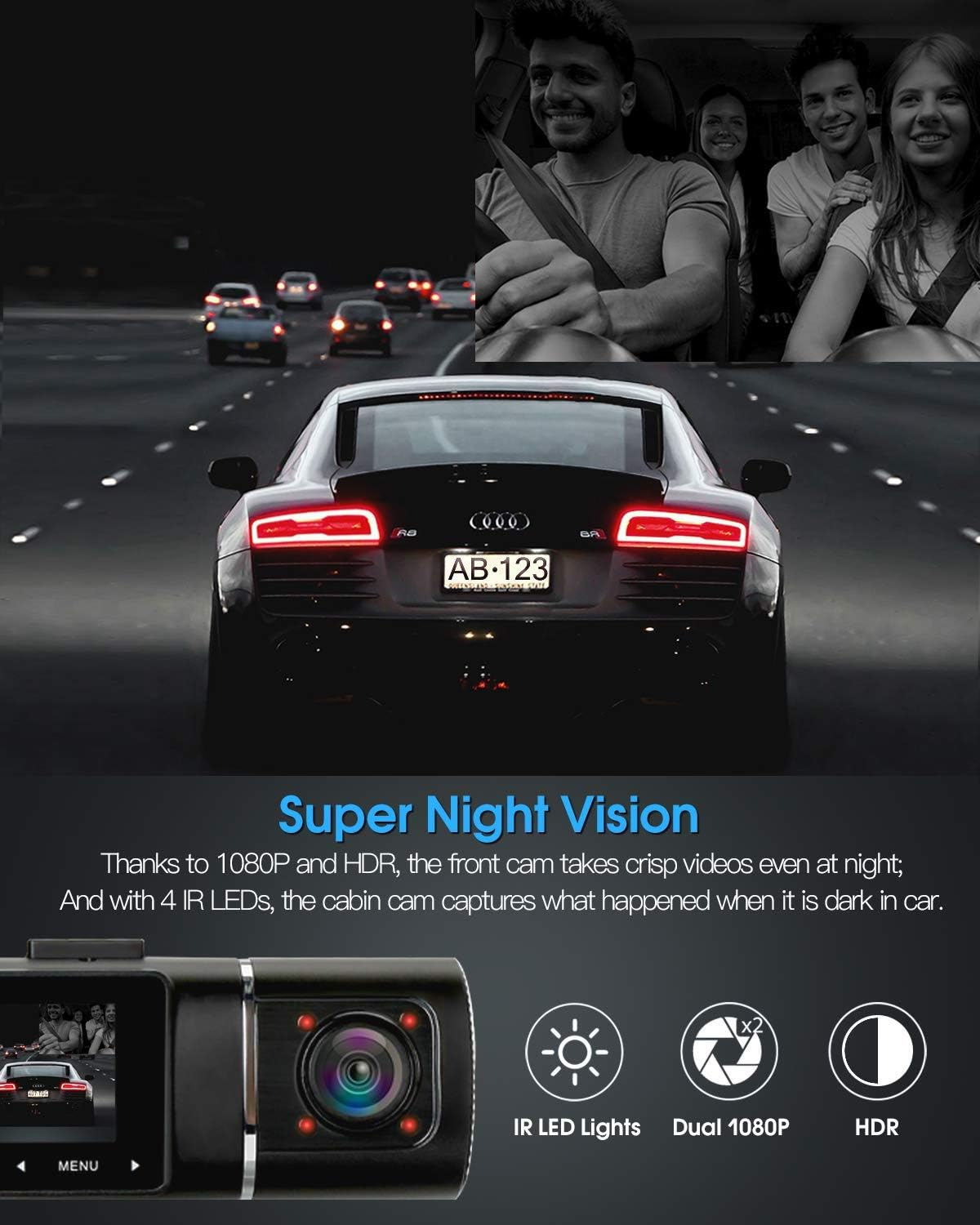 Rückansicht eines Autos bei Nacht mit hellen Rückleuchten und einer Armaturenbrettkamera, die die Szene aufnimmt und Super-Nachtsicht bewirbt.
