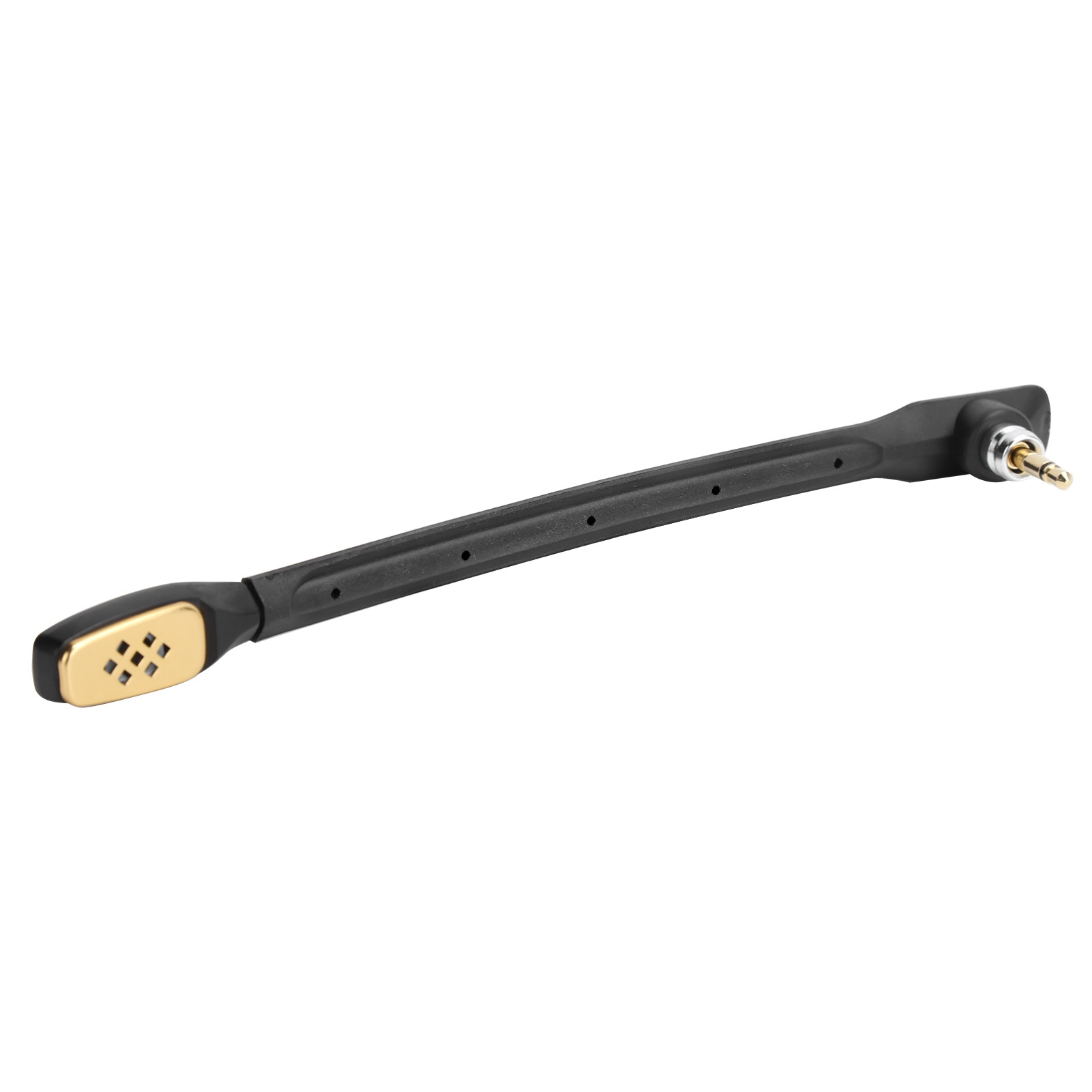 Schwarzes Headset-Mikrofon mit goldenem Stecker und Gitter auf weißem Hintergrund.
