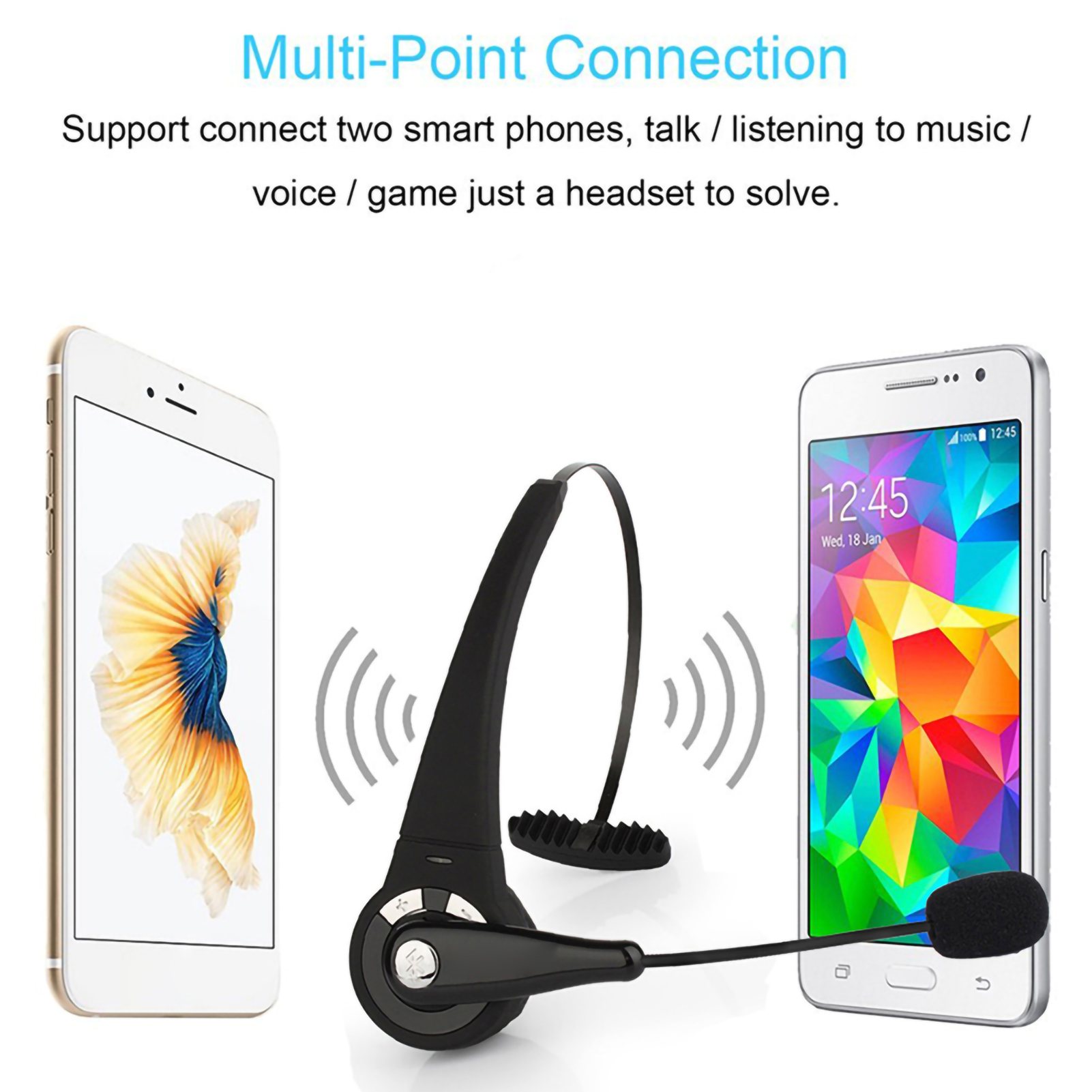 Ein schwarzes drahtloses Headset, das mit zwei Smartphones verbunden ist, auf einem weißen Hintergrund.