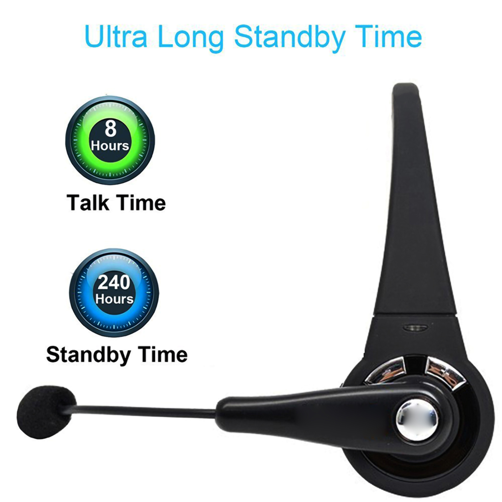 Ein schwarzes drahtloses Headset mit Informationen zur Sprech- und Standby-Zeit auf einem weißen Hintergrund.