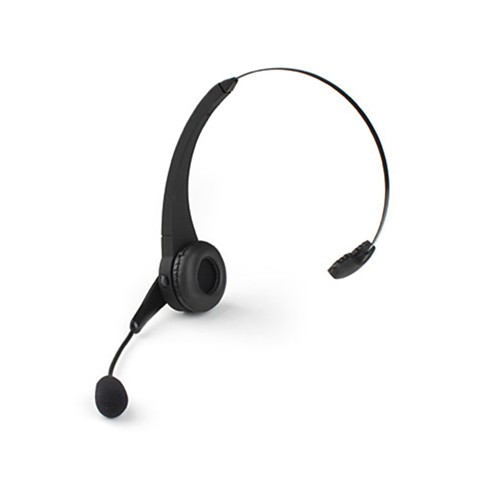 Ein schwarzes drahtloses Headset mit einem Mikrofon auf einem weißen Hintergrund.