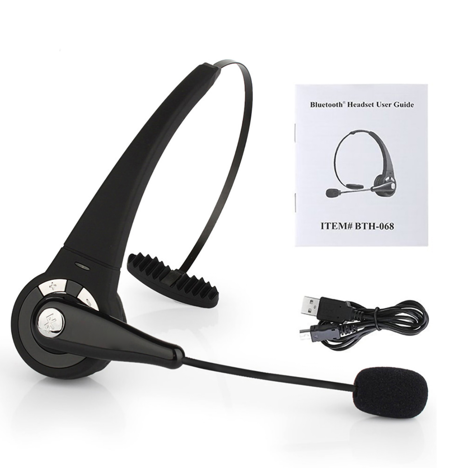 Ein schwarzes drahtloses Headset mit einer Bedienungsanleitung und einem USB-Kabel auf einem weißen Hintergrund.