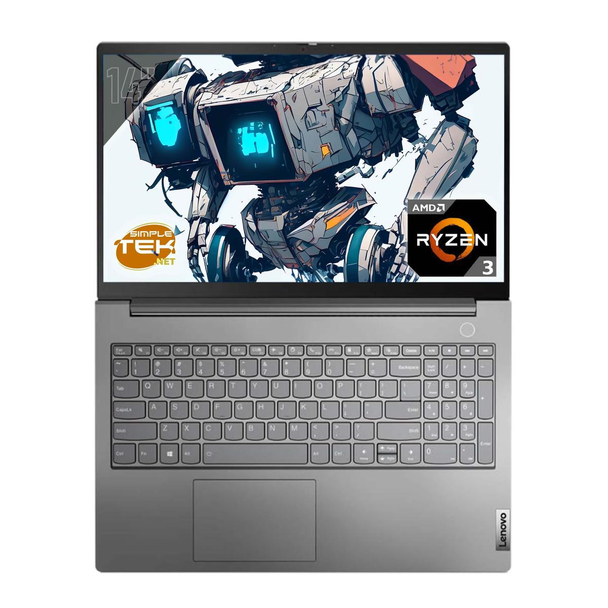 Un portátil Lenovo gris está abierto, mostrando un robot animado en la pantalla y un teclado.