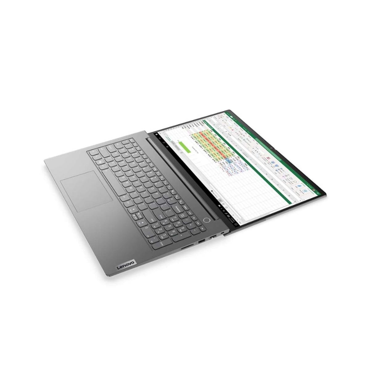 Un portátil Lenovo gris está abierto, mostrando una hoja de cálculo en la pantalla sobre un fondo blanco.