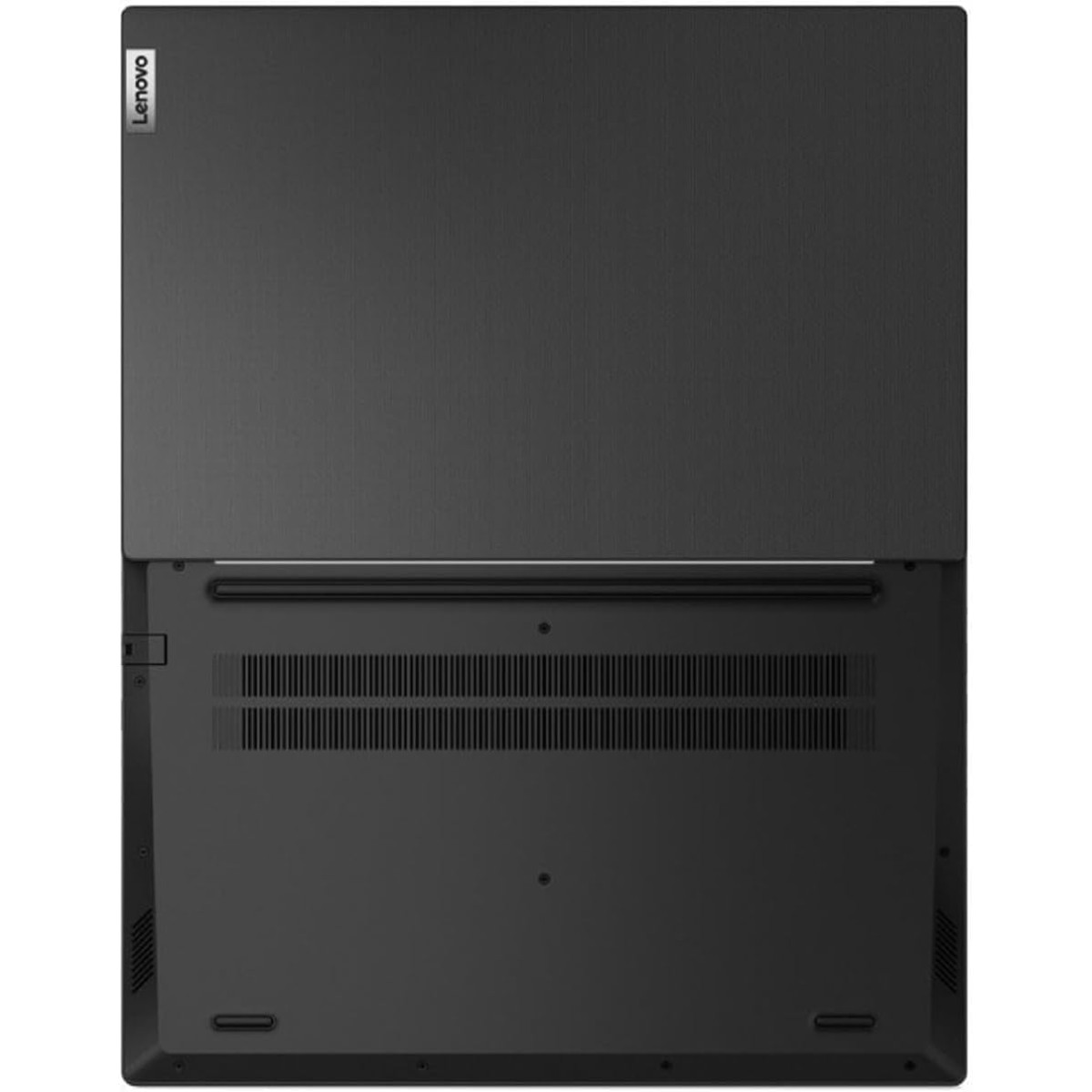 Una vista dal basso di un laptop Lenovo nero, che mostra il suo sistema di ventilazione su uno sfondo bianco.