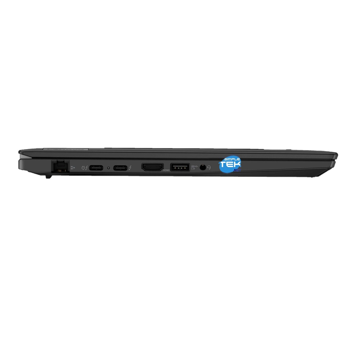 Una vista laterale di un laptop nero, che evidenzia le sue porte e i dettagli del design su uno sfondo bianco.