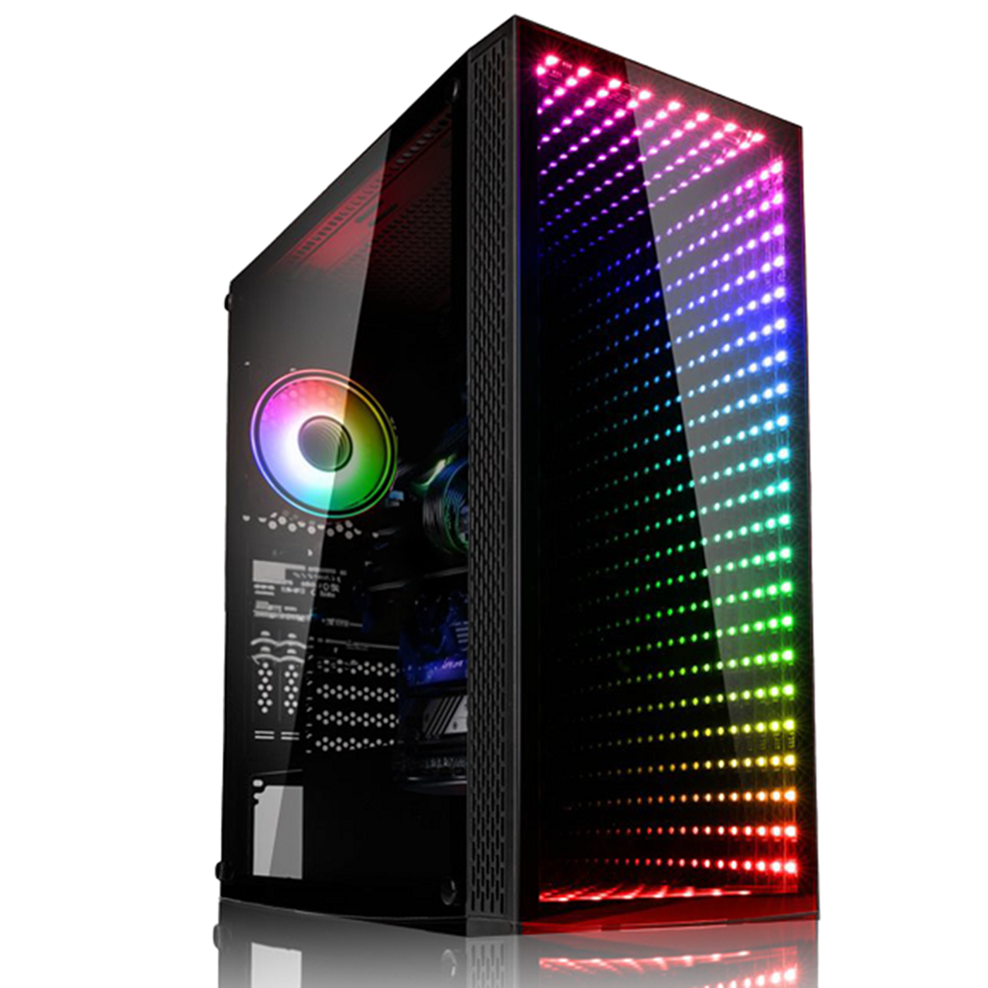 Una torre di computer nera con luci LED arcobaleno viene visualizzata su uno sfondo bianco.