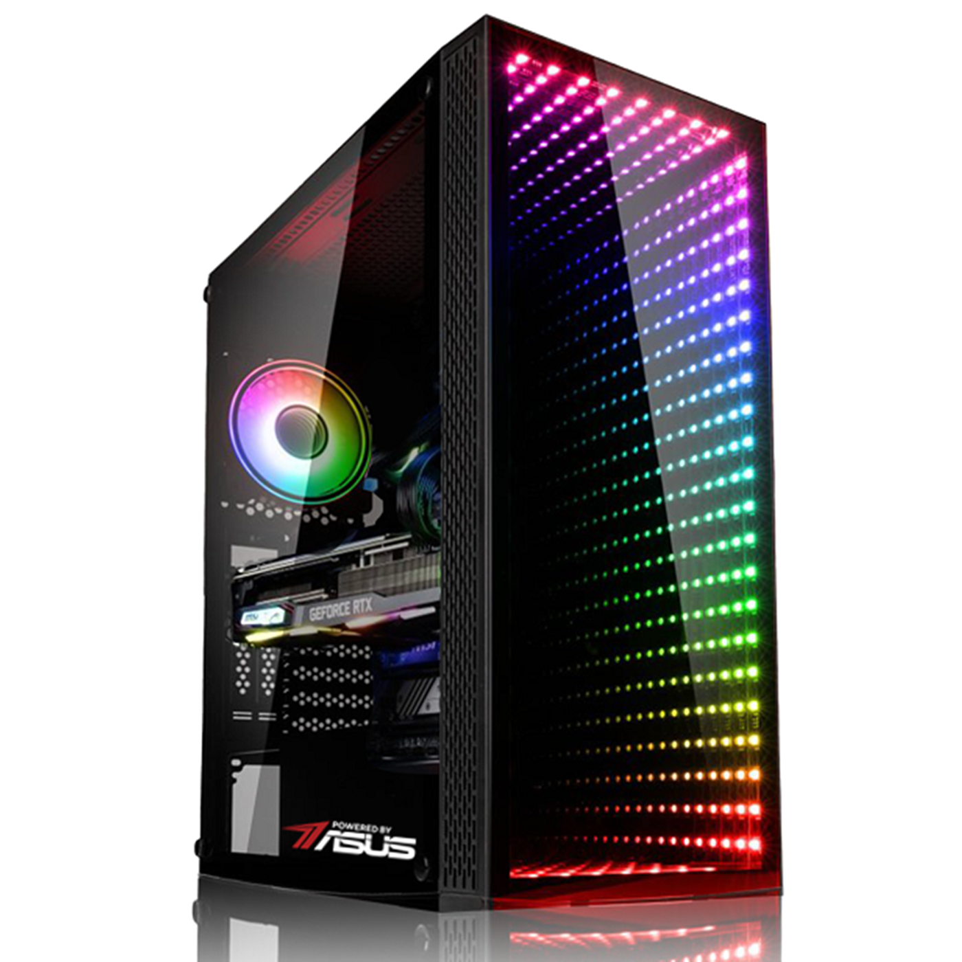 Case per PC nera con lato in vetro che mostra i componenti e striscia LED colorata a destra.