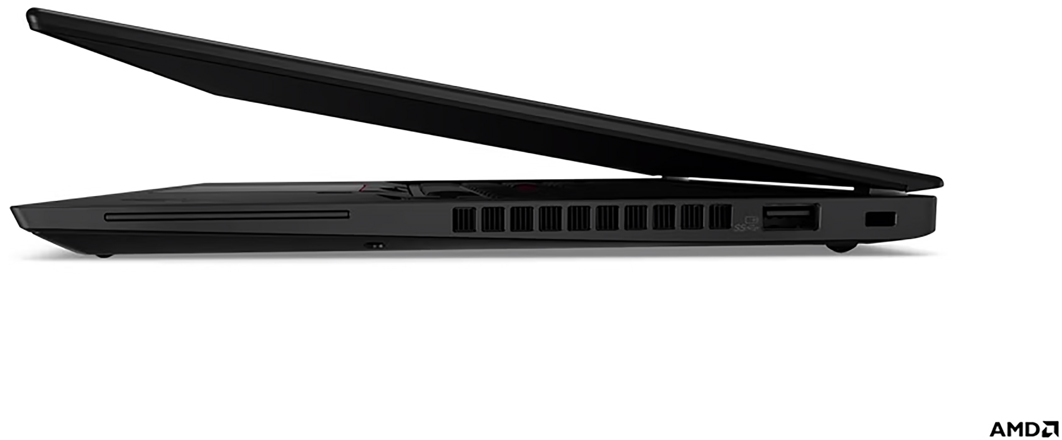 Side view of a black laptop. It is slightly open, showcasing its slim profile.