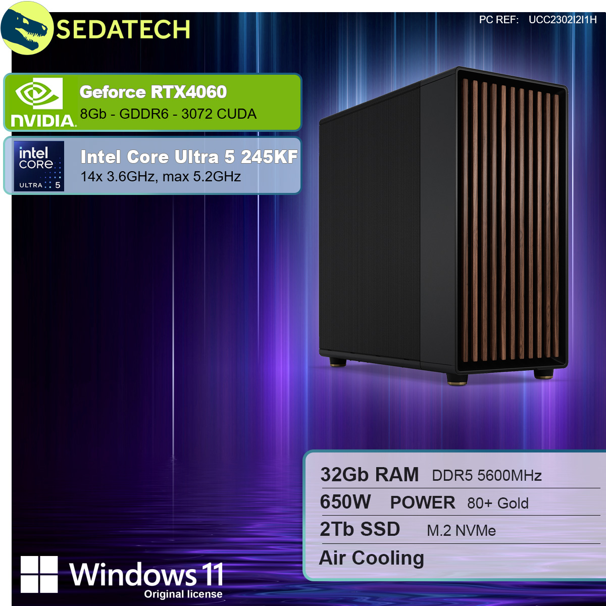 Reklama obudowy PC ze specyfikacjami procesora, karty graficznej, pamięci RAM, zasilacza i dysku SSD, a także brandingiem Windows 11 i chłodzeniem powietrzem.