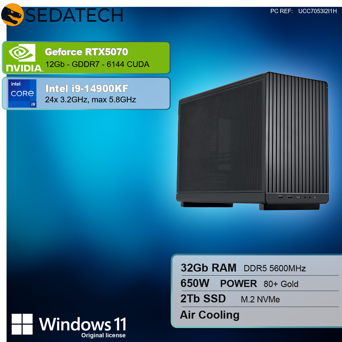Ein schwarzes PC-Gehäuse. Grafikkarten- und CPU-Infos sind links.