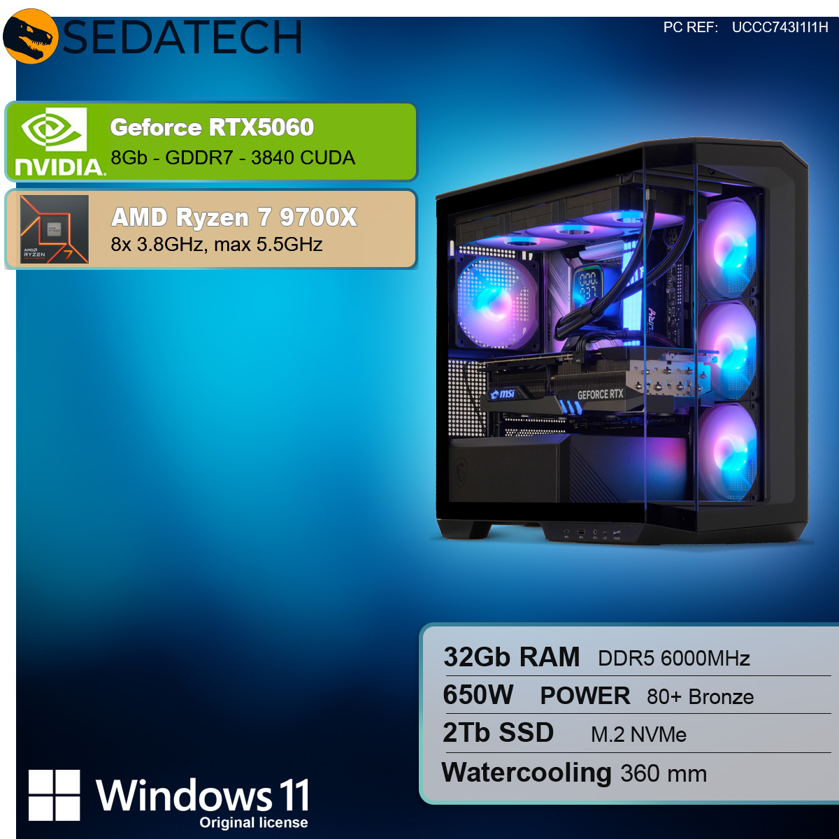Il computer ha diverse ventole con LED colorati e componenti interni visibili, racchiusi in un case nero con un pannello laterale in vetro.