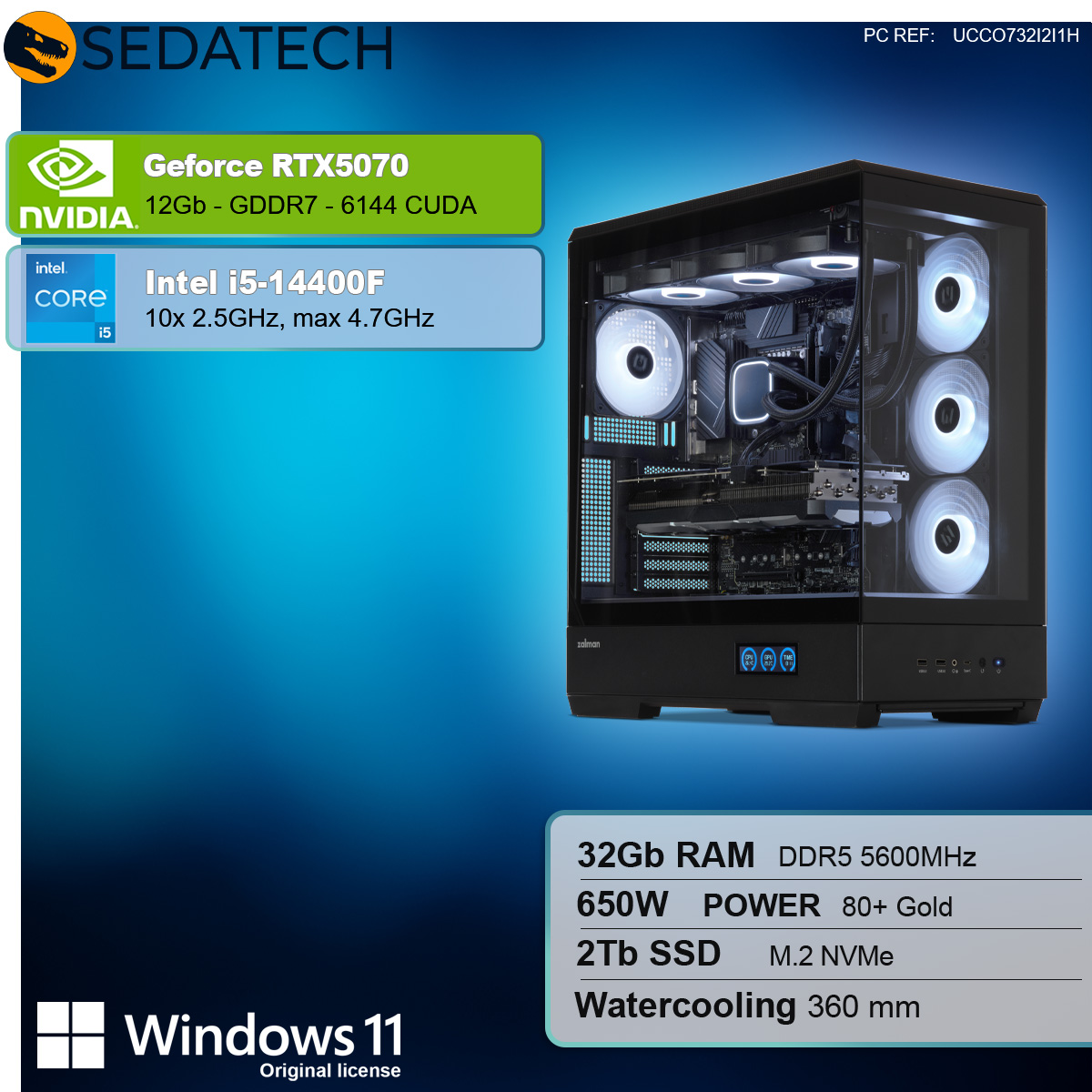 Case per PC nera con pannello laterale trasparente, che mostra i componenti interni e l'illuminazione. Specifiche a sinistra.