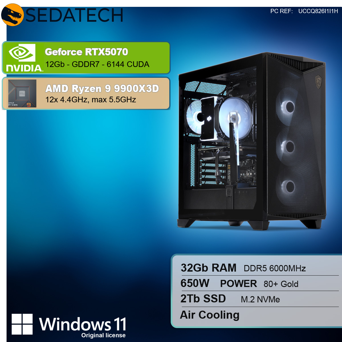 Case per PC nera con pannello laterale trasparente, che mostra i componenti interni e l'illuminazione. Specifiche a sinistra.