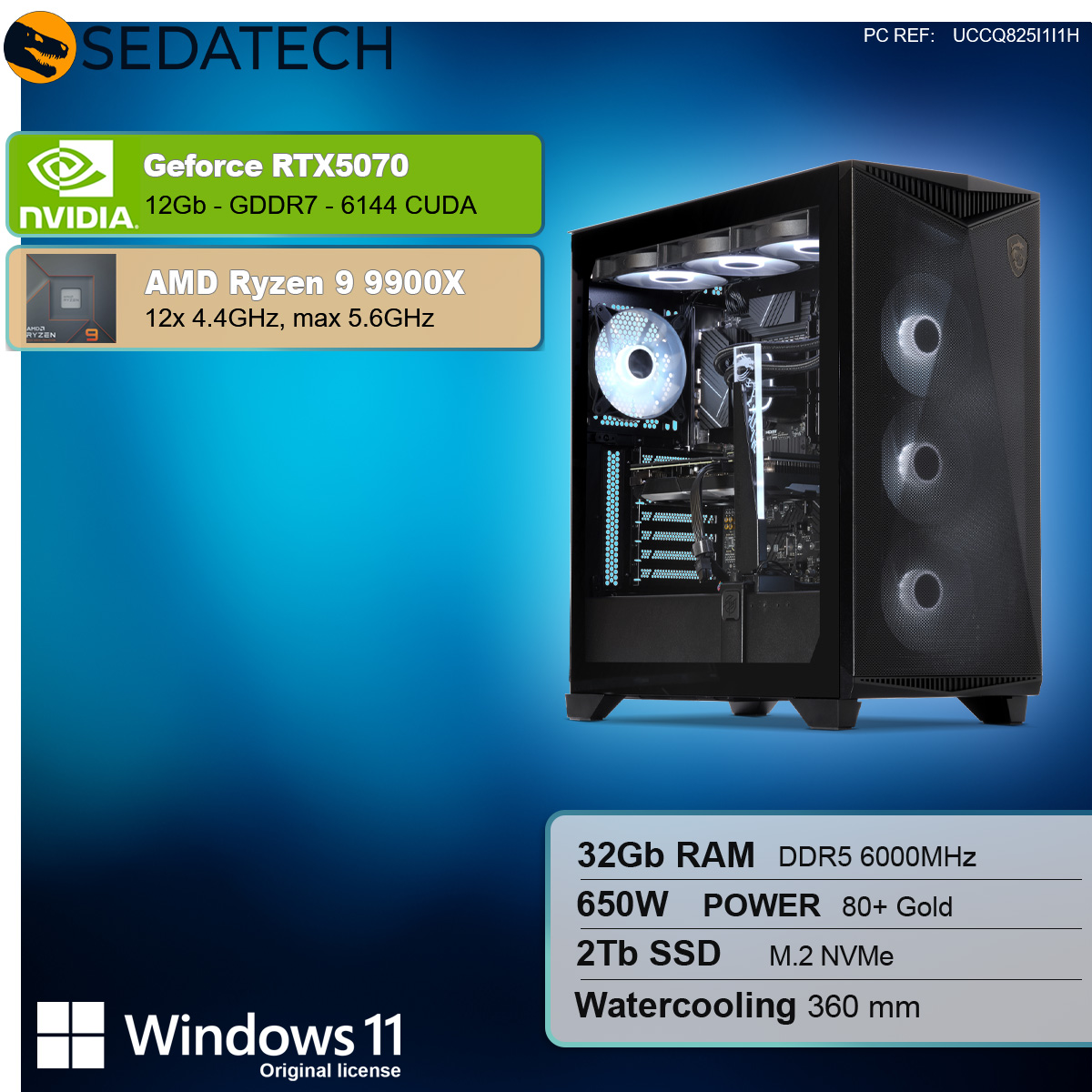 Case per PC nera con pannello laterale trasparente, che mostra i componenti interni e l'illuminazione. Specifiche a sinistra.