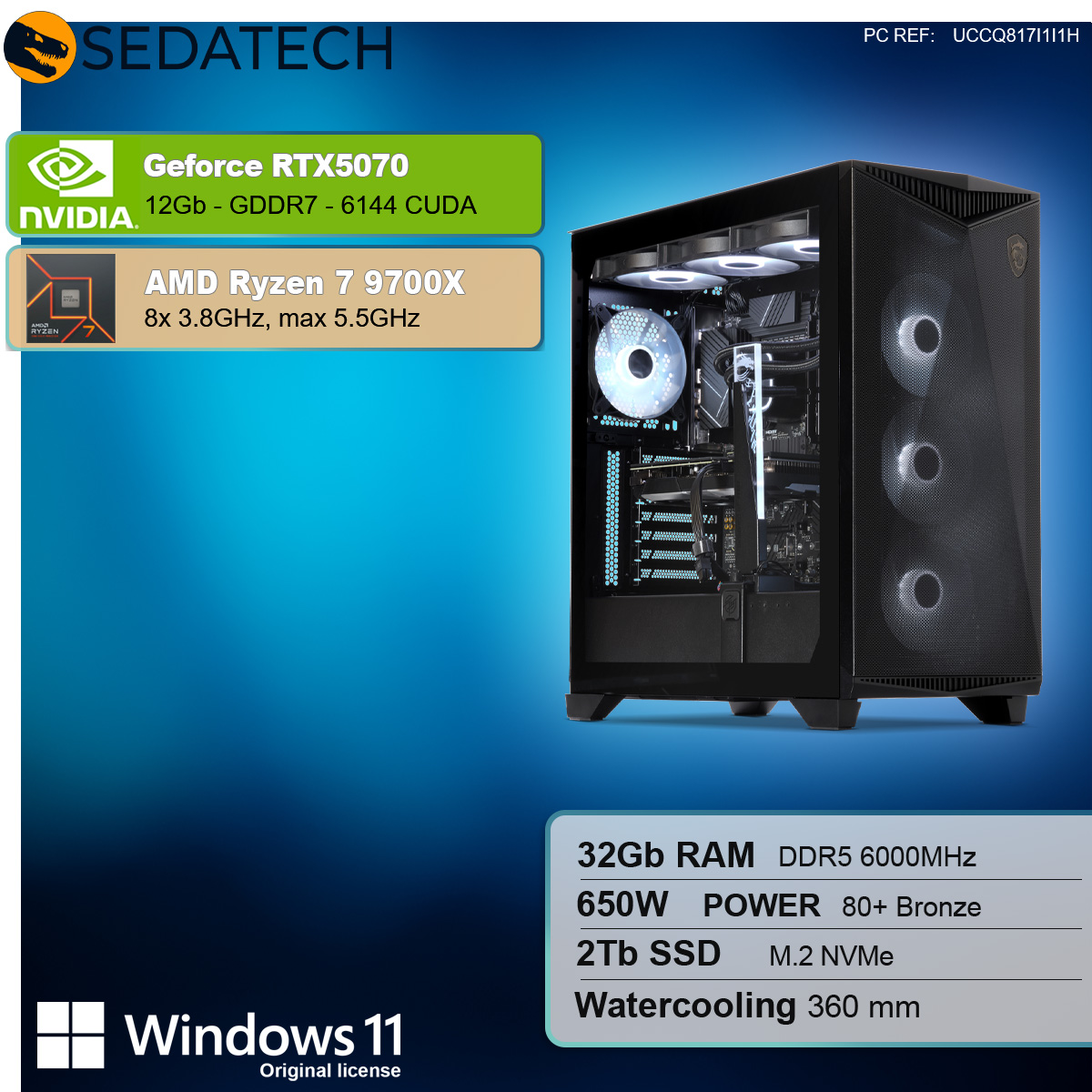 Case per PC nera con pannello laterale trasparente, che mostra i componenti interni e l'illuminazione. Specifiche a sinistra.