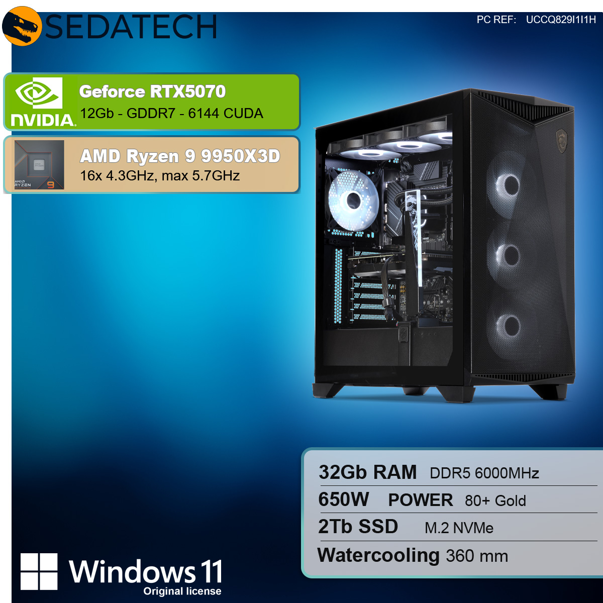 Case per PC nera con pannello laterale trasparente, che mostra i componenti interni e l'illuminazione. Specifiche a sinistra.