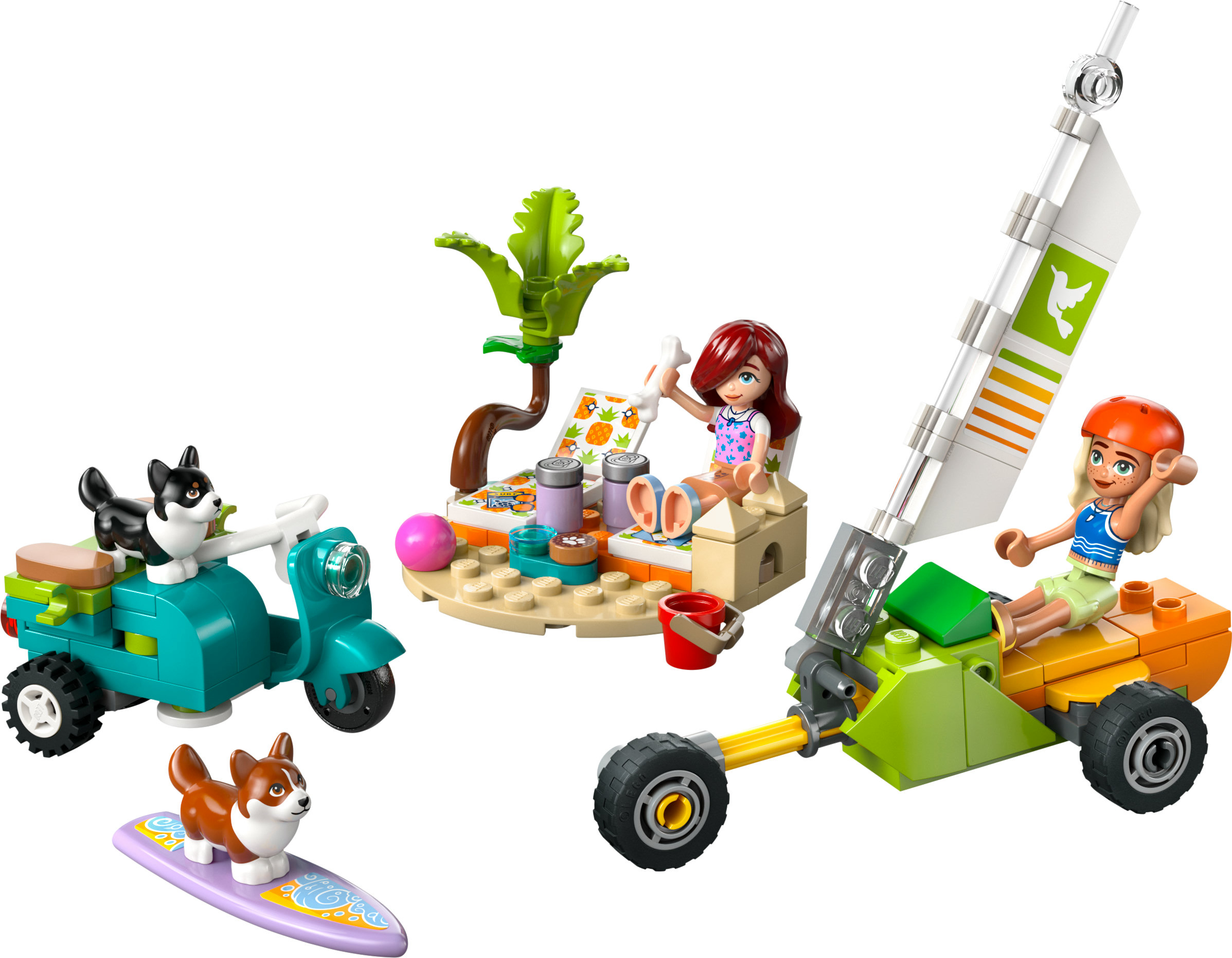 Zestaw Lego Friends z figurkami, skuterem, sceną plażową i pojazdem żaglowym na białym tle.