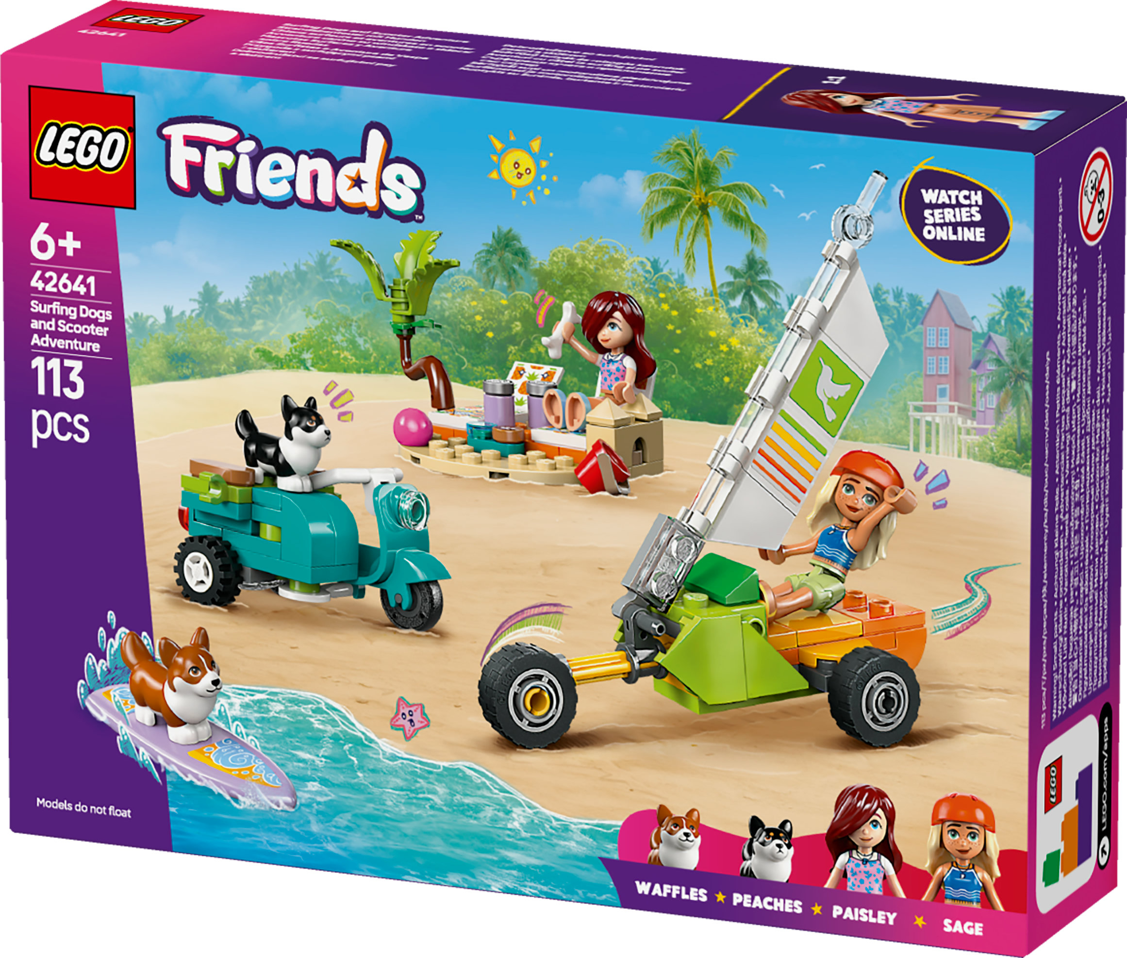 Pudełko Lego Friends prezentujące zestaw Surfing Dogs and Scooter Adventure w scenerii plażowej.