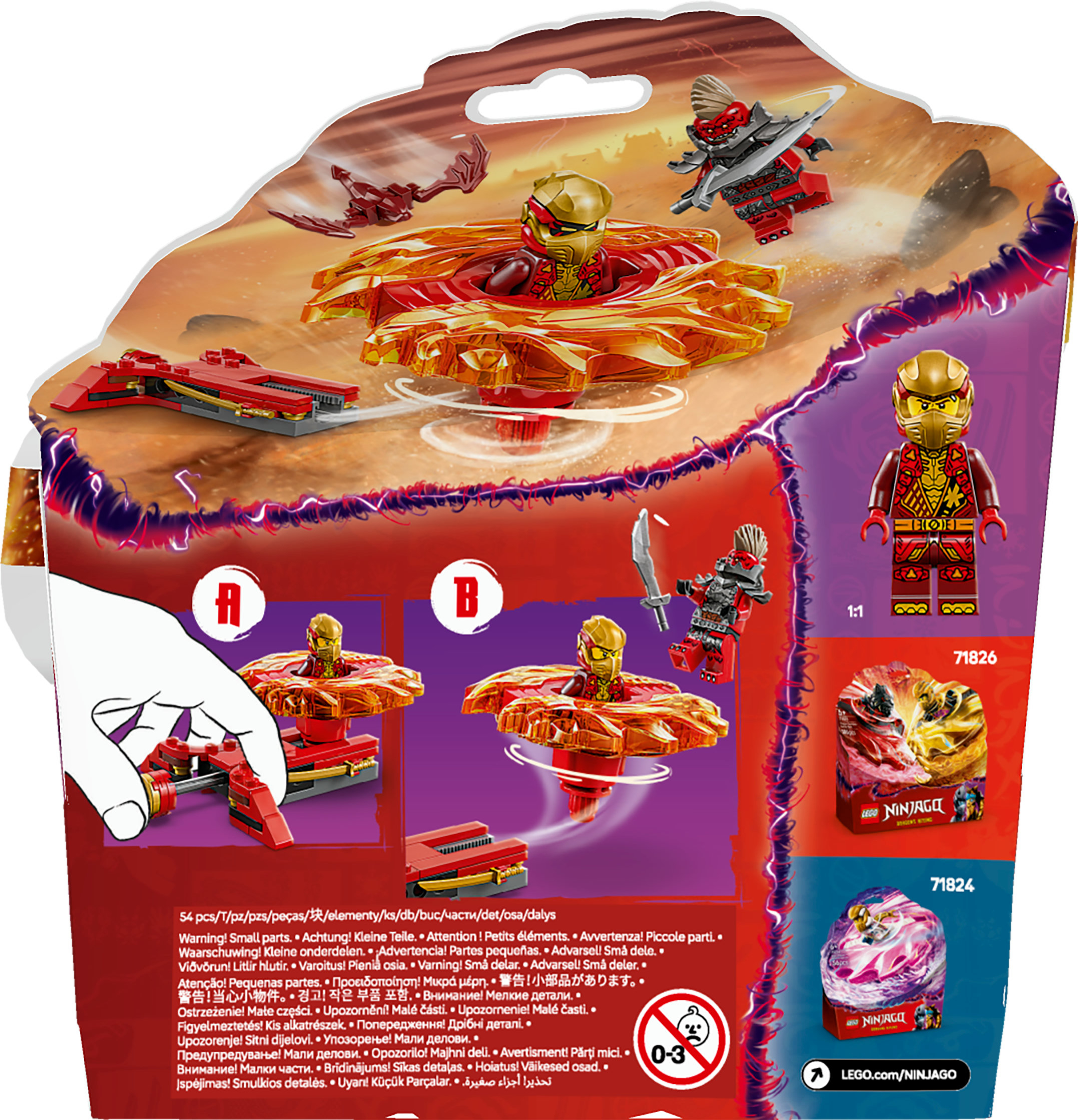 Bir Lego Ninjago set kutusunun arkası. Karakterleri, figürleri ve Lego logosunu gösterir. Yapım talimatları içerir.