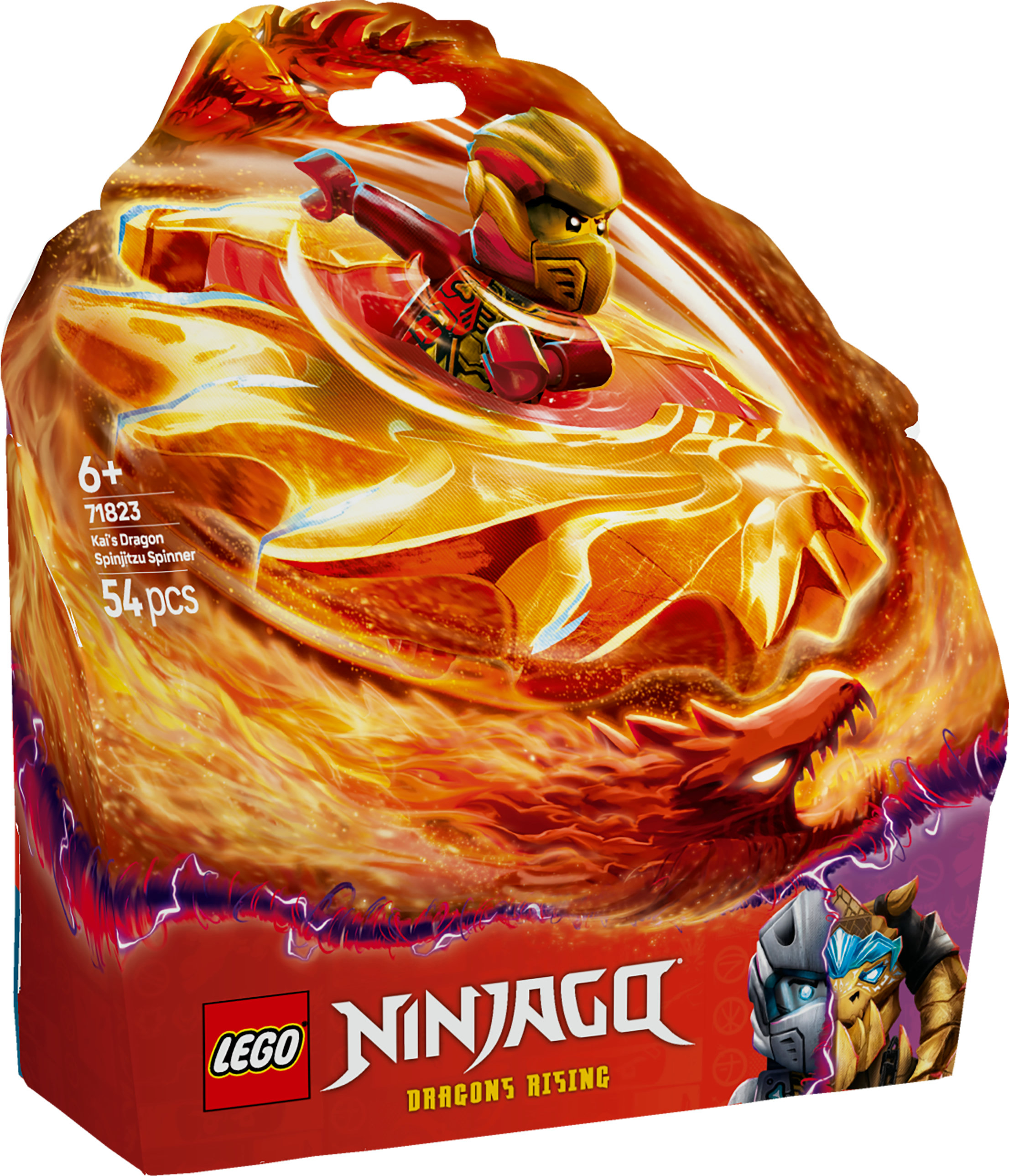 Lego Ninjago Dragons Rising set kutusu. Altın ejderha tasarımında bir ninja karakterine sahiptir. Kırmızı, turuncu ve mor renkler.