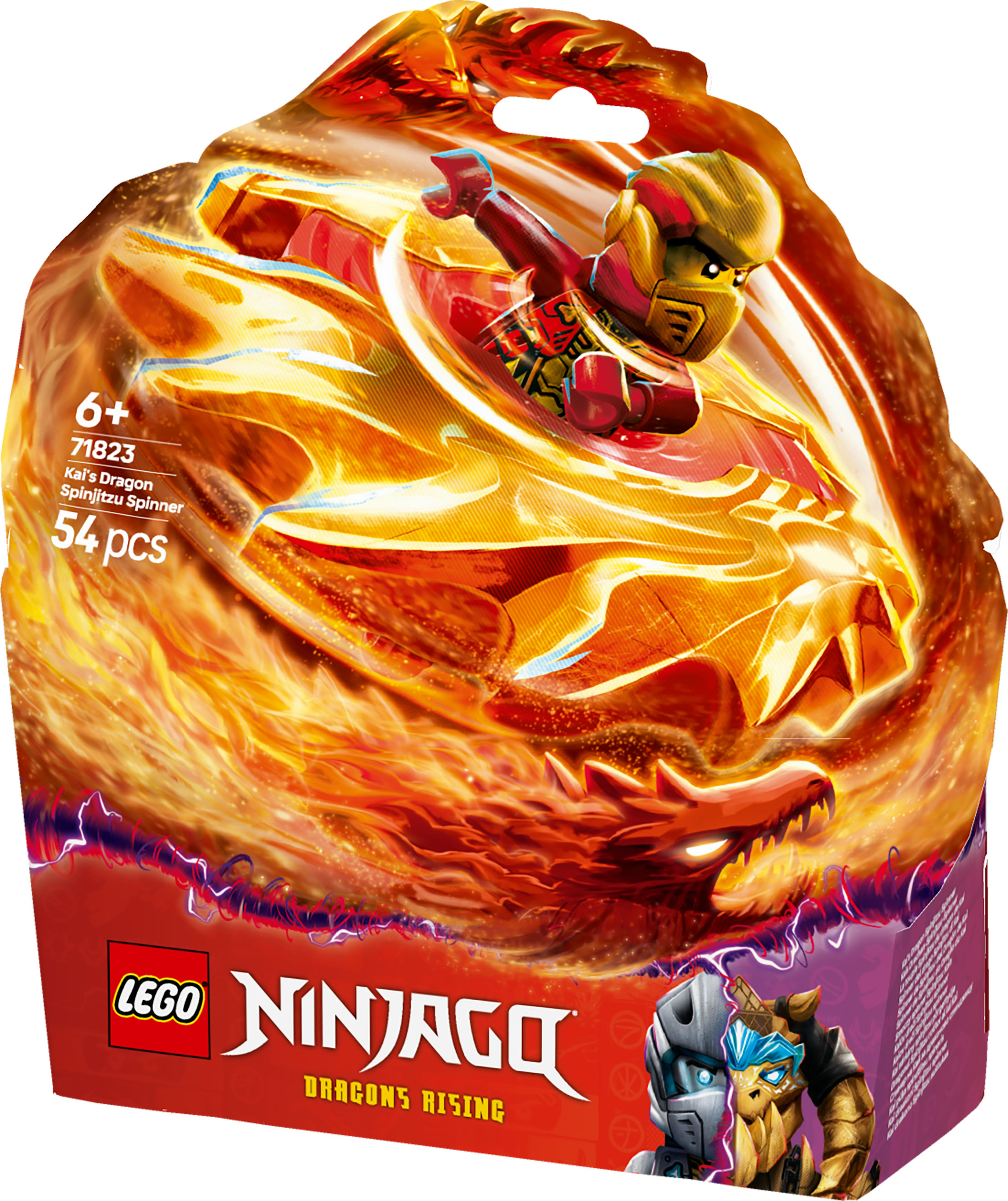 Lego Ninjago Dragons Rising set kutusu. Altın ejderha tasarımında bir ninja karakterine sahiptir. Kırmızı, turuncu ve mor renkler.