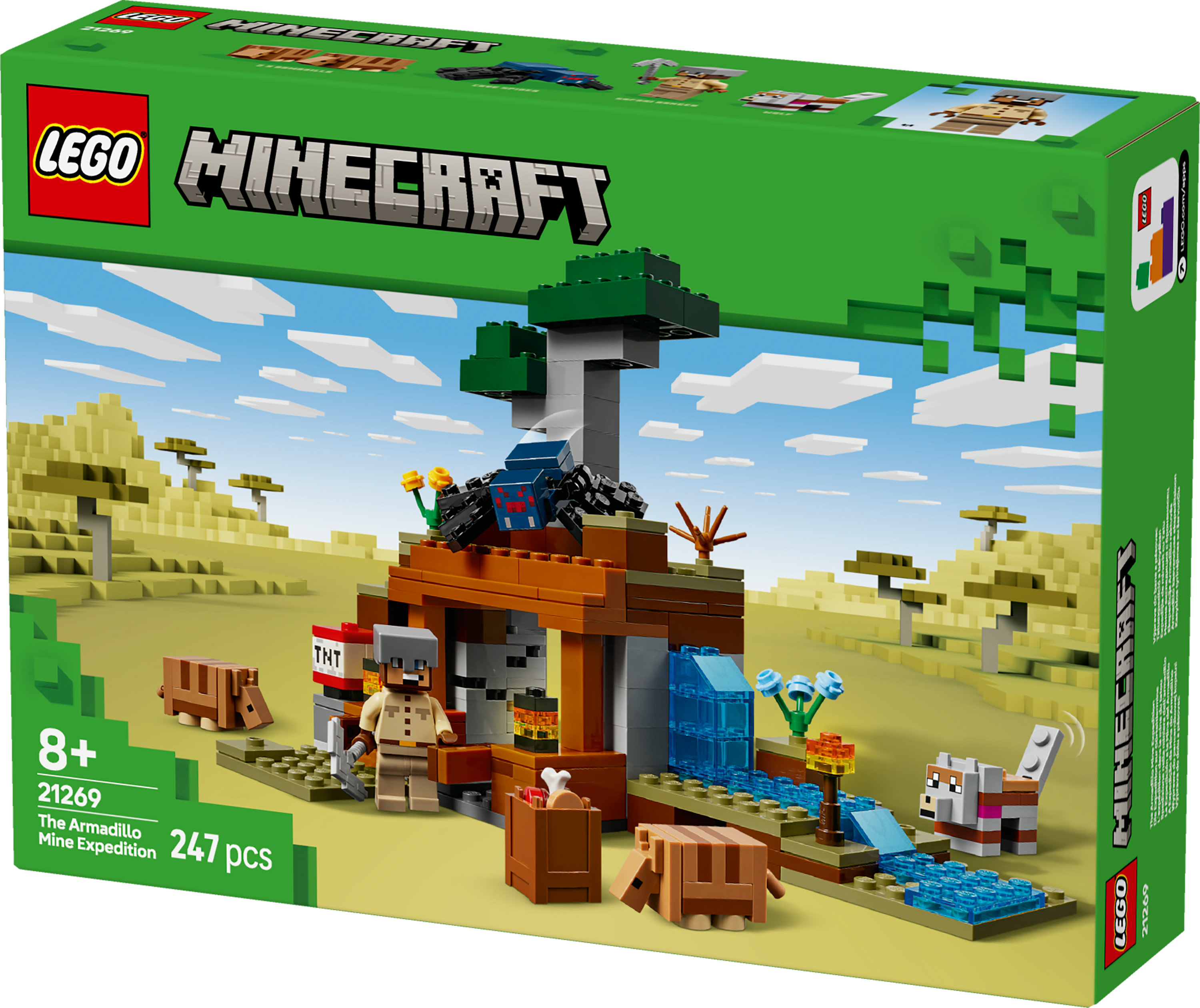 Zestaw Lego Minecraft przedstawiający scenę kopalni z postacią, zwierzętami i blokiem TNT w pustynnym krajobrazie.