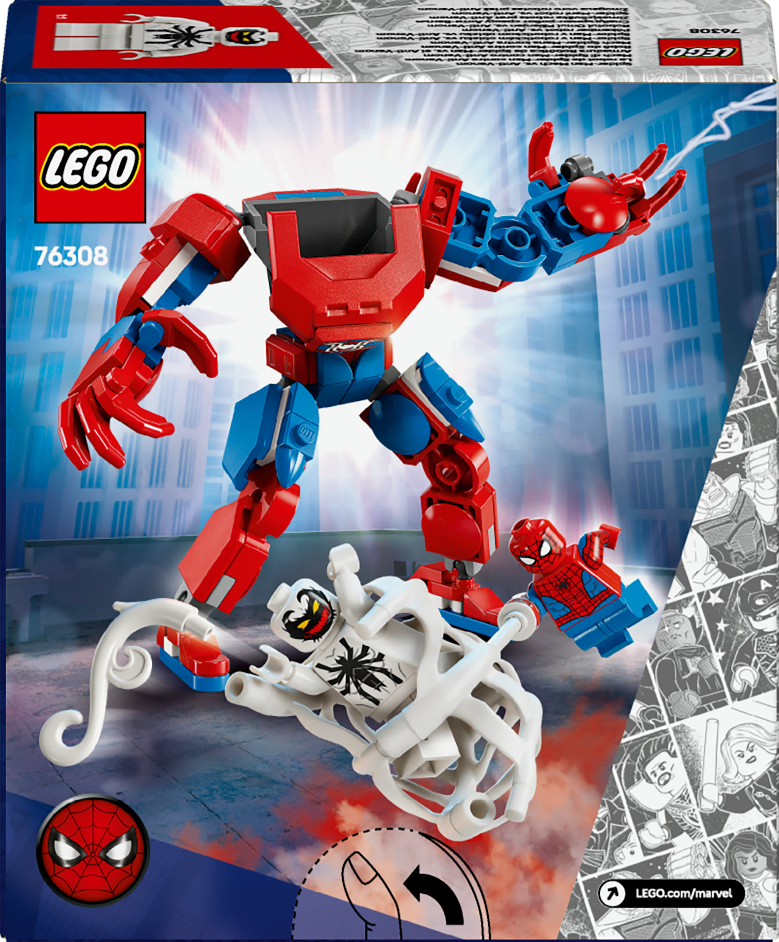 Zestaw LEGO Spider-Man przedstawia czerwoną i niebieską figurkę mecha górującą nad figurkami Spider-Mana i Anti-Venoma na tle miasta.
