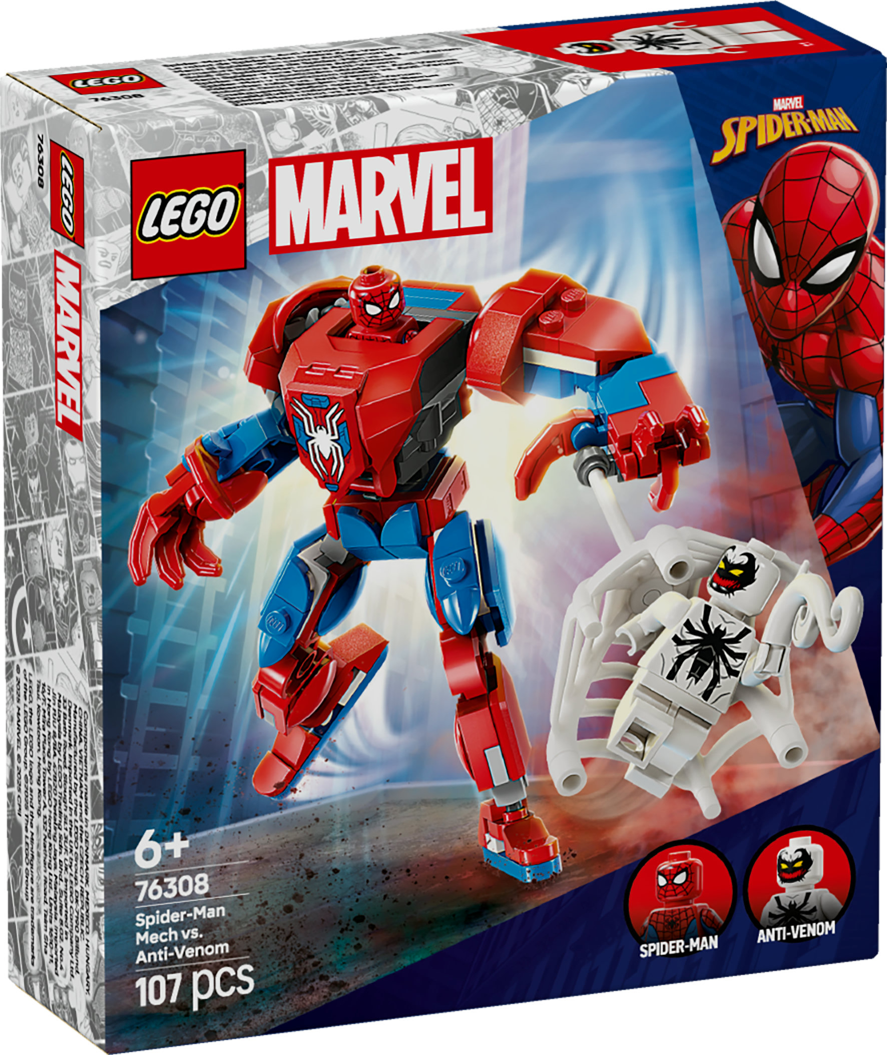 Pudełko LEGO przedstawia zestaw Spider-Man Mech vs. Anti-Venom z czerwoną i niebieską figurką mecha, Spider-Mana i minifigurkami Anti-Venoma.