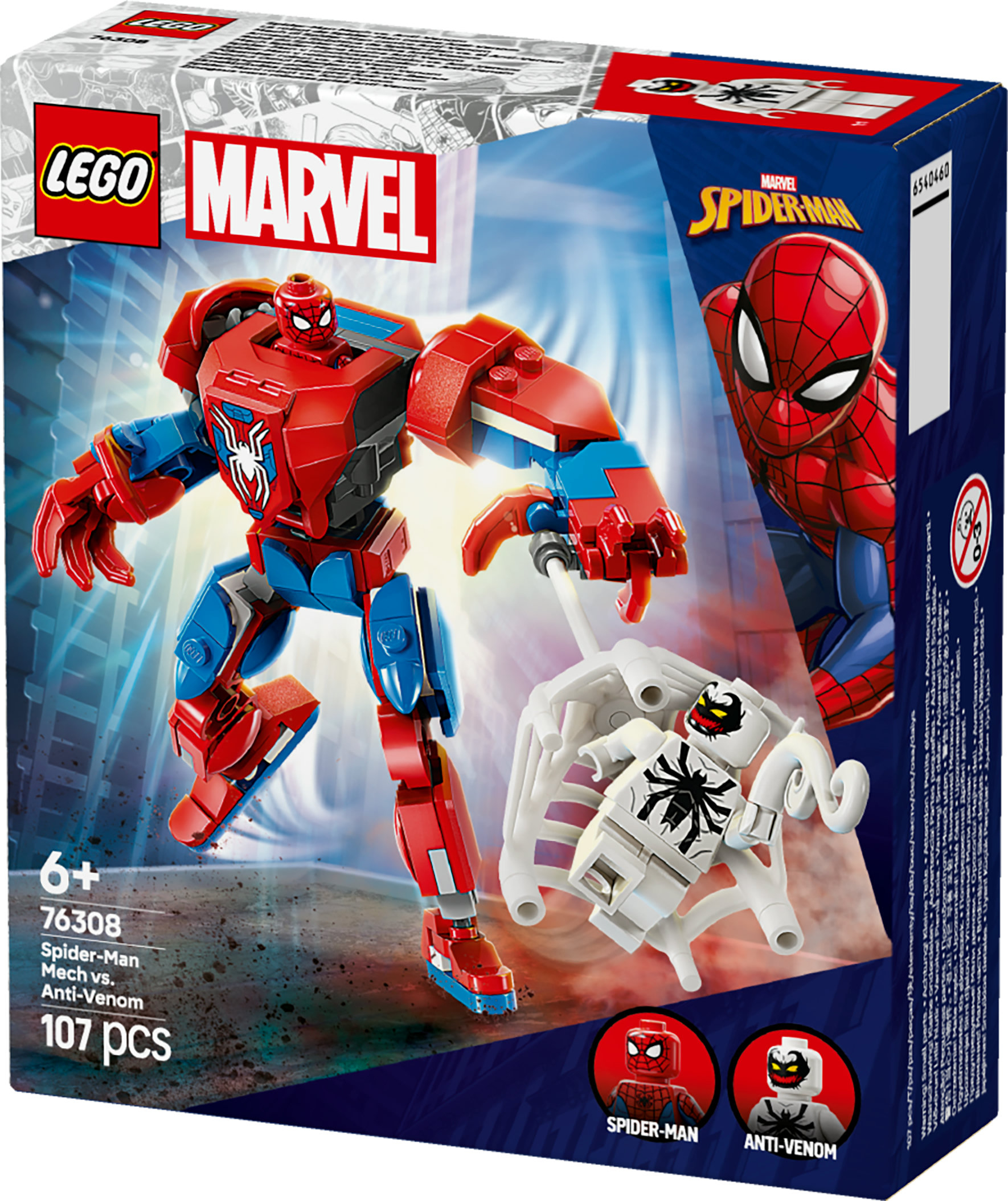 Pudełko LEGO z zestawem Spider-Man Mech vs. Anti-Venom, prezentujące figurkę mecha, Spider-Mana i minifigurki Anti-Venoma.
