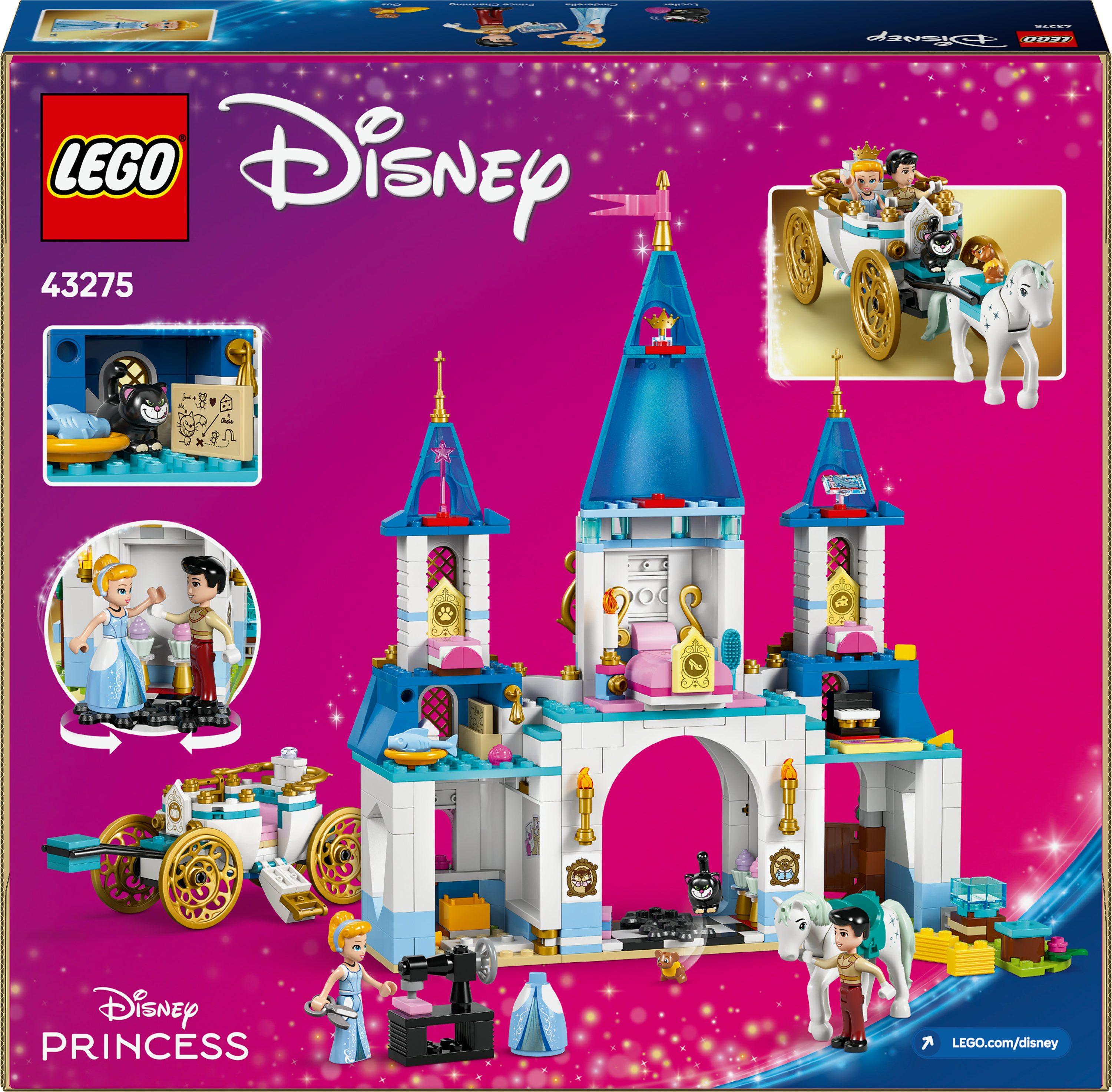 Zestaw LEGO Disney Cinderella zawiera zamek, powóz i figurki mini lalek na jasnoróżowym pudełku.