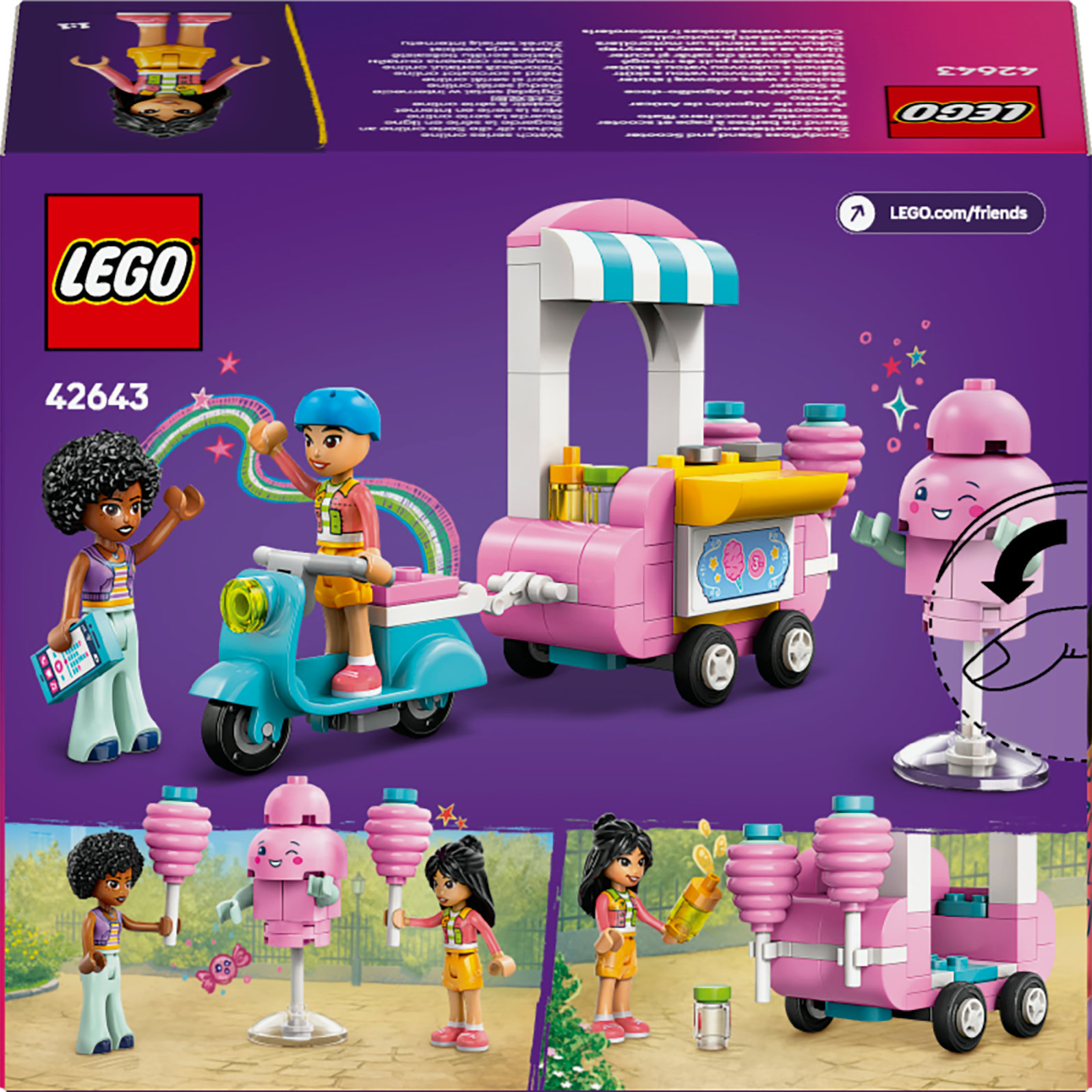 Pudełko LEGO Friends z wózkiem z watą cukrową, skuterem i figurkami mini lalek na fioletowym tle.