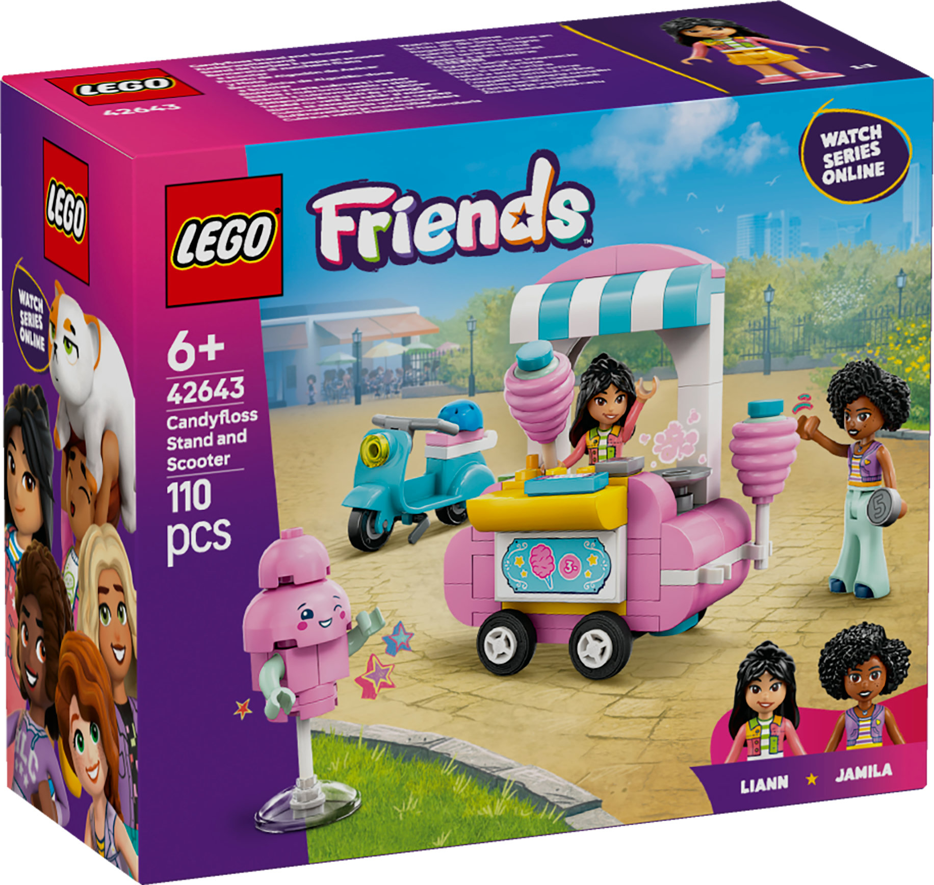 Pudełko LEGO Friends z wózkiem z watą cukrową, skuterem i figurkami mini lalek w scenerii parkowej.