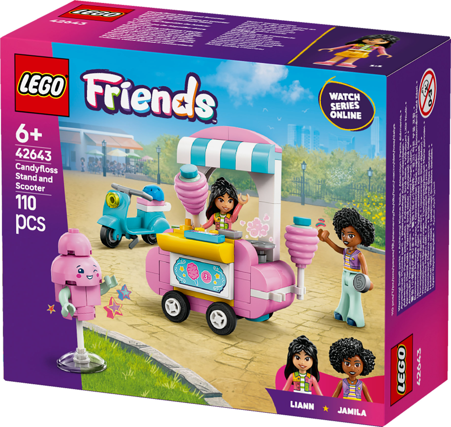 Pudełko LEGO Friends przedstawia wózek z watą cukrową, skuter i figurki mini lalek w scenerii parkowej.