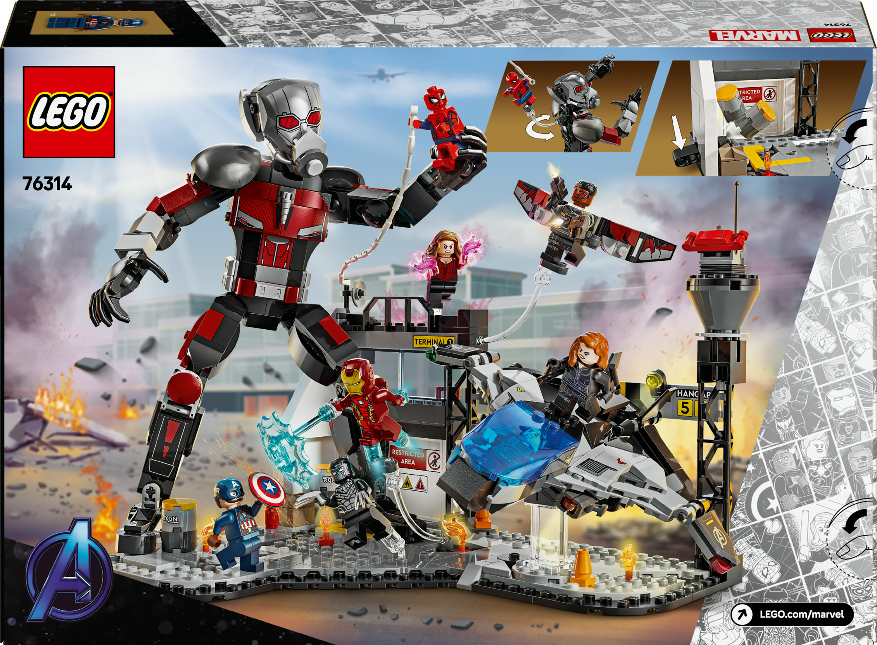 La parte trasera de la caja del set LEGO Avengers muestra una escena de batalla con varios personajes y estructuras en un paisaje urbano detallado.