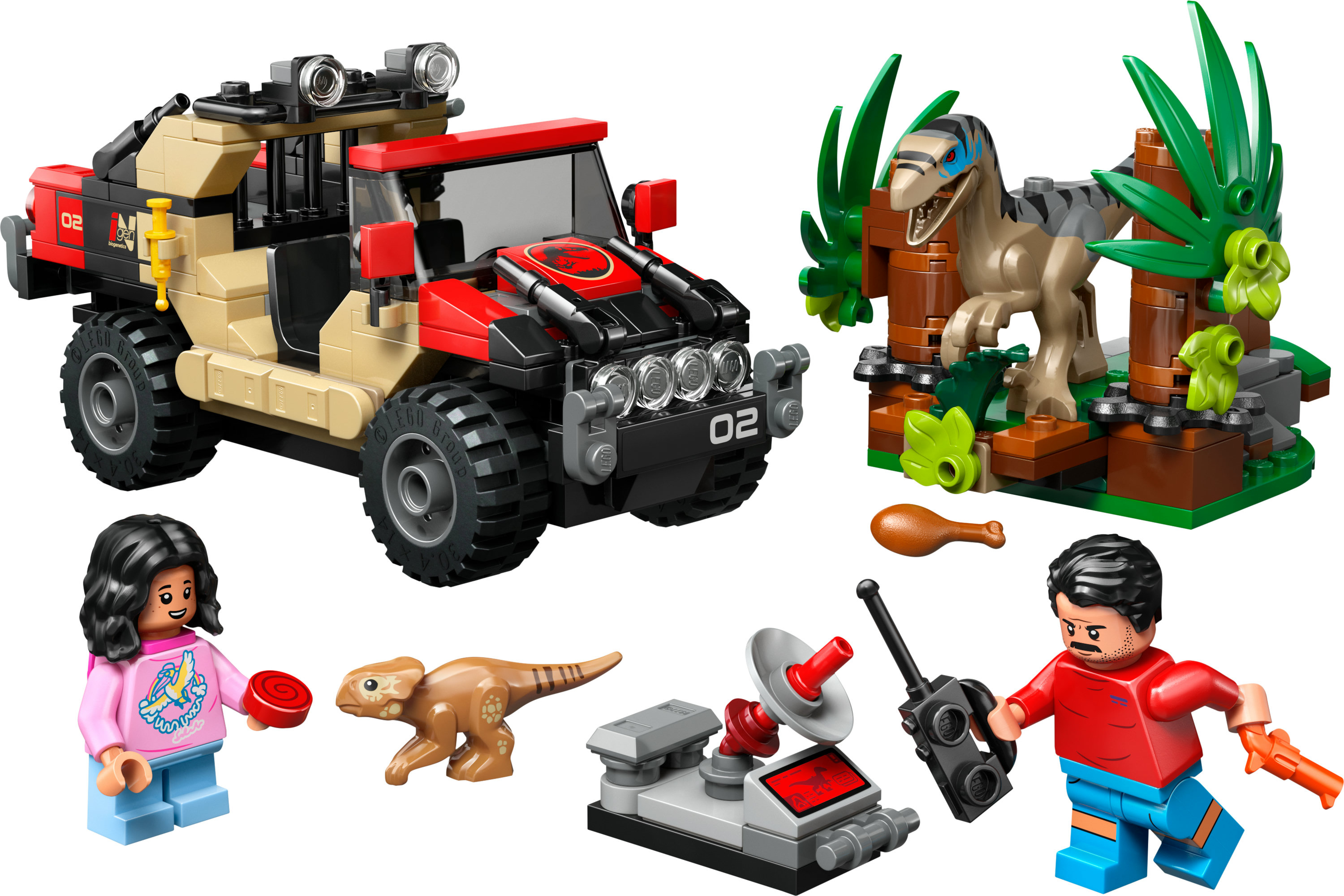 Zestaw LEGO Jurassic World zawiera jeepa, dinozaury i minifigurki na białym tle.