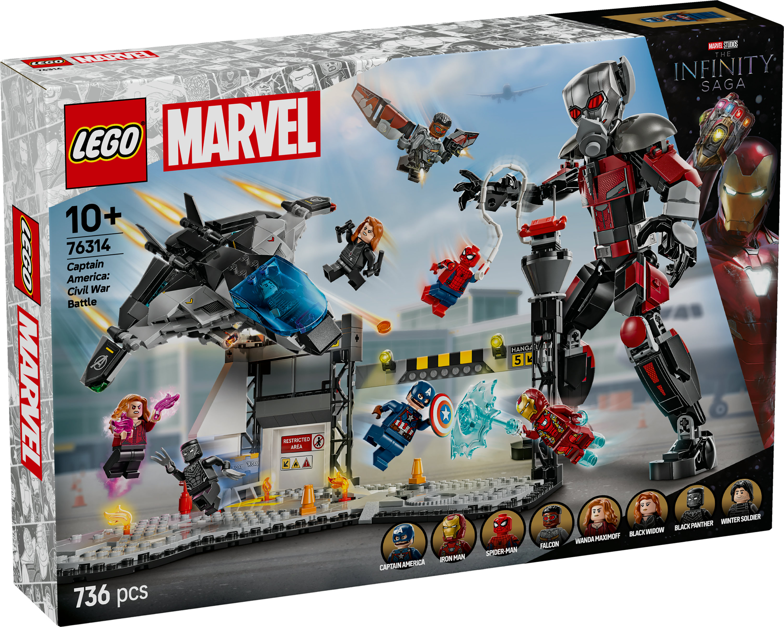 Caja del set de Lego Marvel con personajes de Capitán América Civil War y avión en una pista gris.