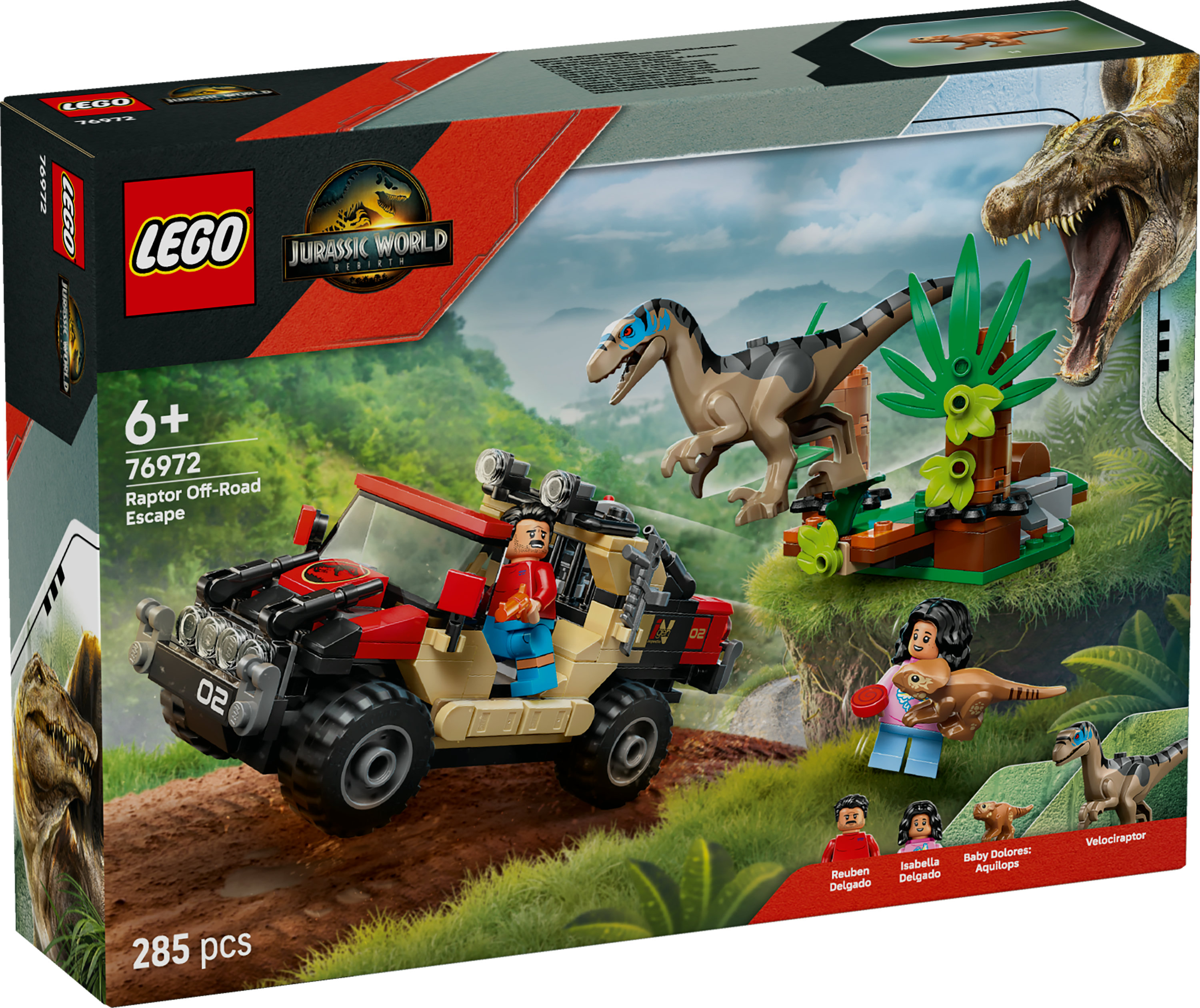 Pudełko z zestawem Lego Jurassic World przedstawiające opalenizny SUV, dwa dinozaury i dwie minifigurki na tle dżungli.