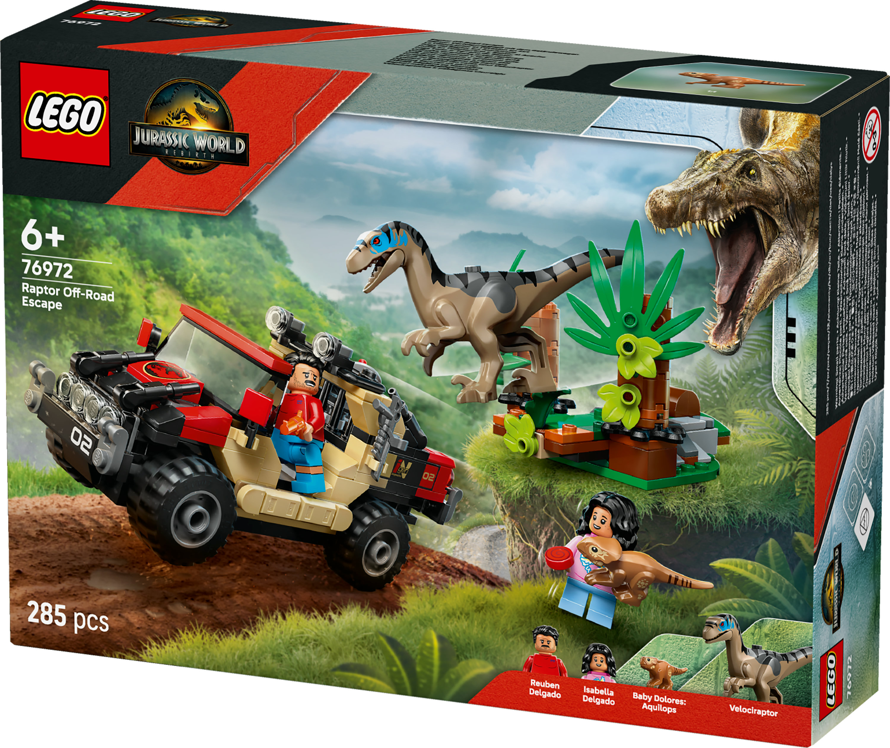Pudełko z zestawem Lego Jurassic World przedstawiające opalenizny SUV, dwa dinozaury i dwie minifigurki na tle dżungli.