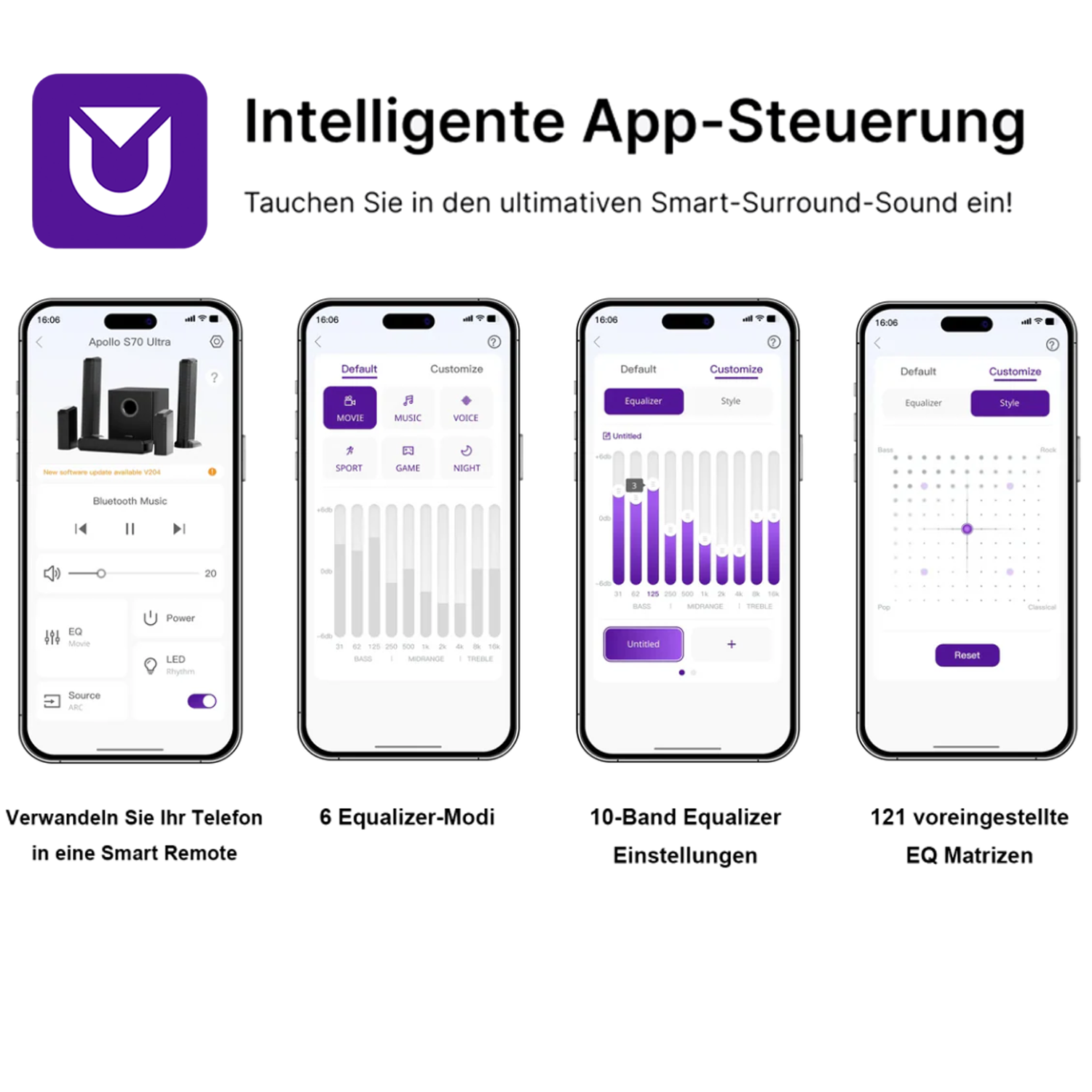 Vier Telefonbildschirme zeigen die Benutzeroberfläche einer App für Soundeinstellungen mit deutschen Textüberlagerungen.