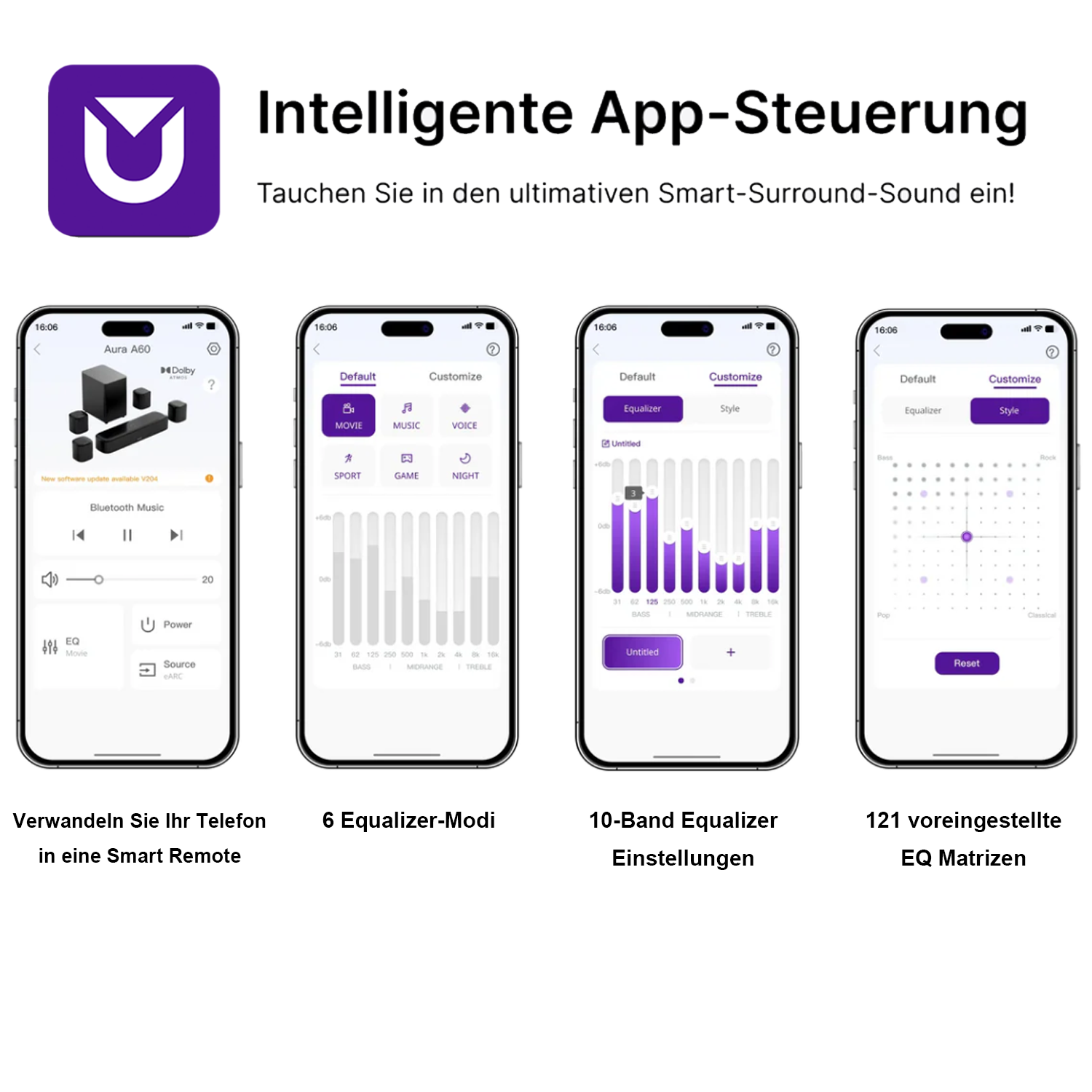 Vier telefoonschermen die de gebruikersinterface van een app voor geluidsinstellingen weergeven, met Duitse teksten.
