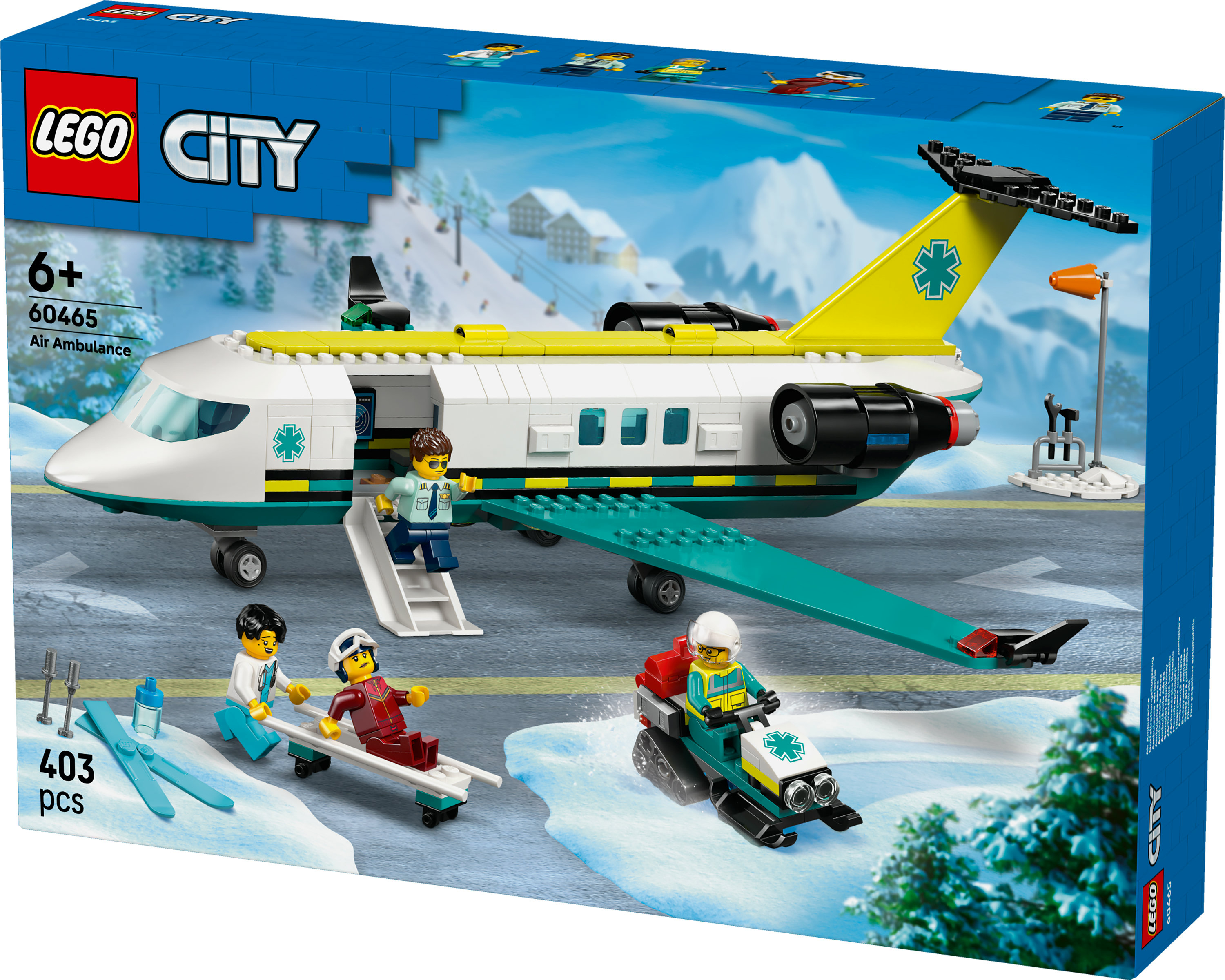Zestaw Lego City Air Ambulance z samolotem, figurkami i skuterem śnieżnym na tle ośnieżonych gór.