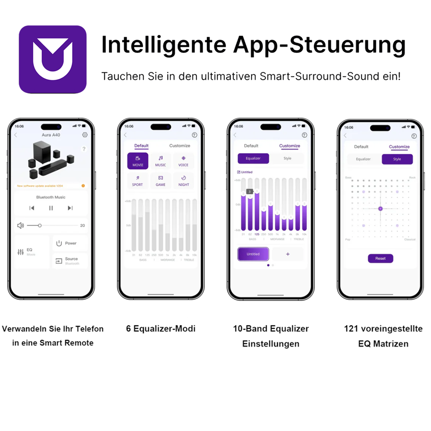 Smartphone-Bildschirme mit App-Oberflächen für Audioeinstellungen und Equalizer-Anpassungen.