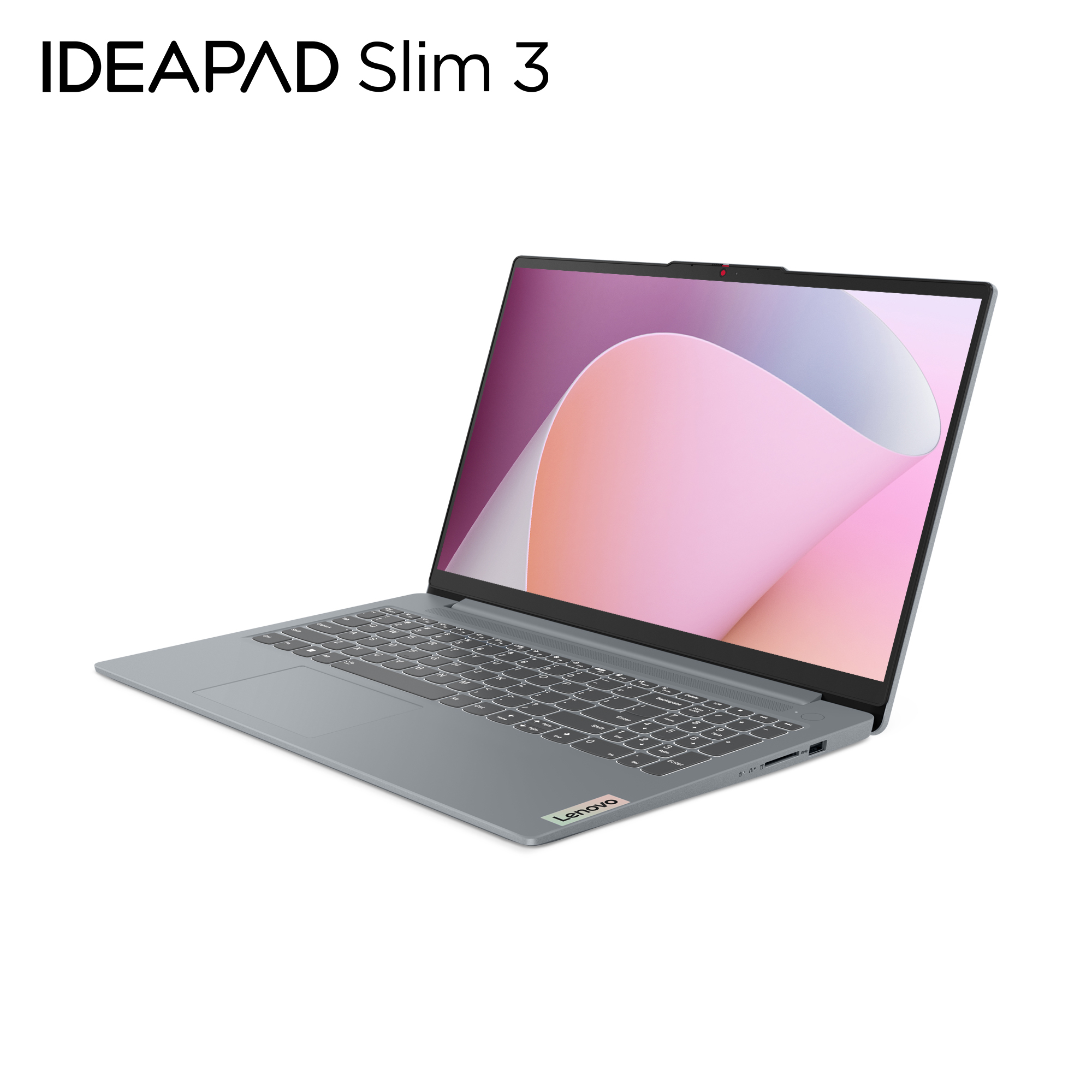 Laptop Lenovo IdeaPad Slim 3 argento aperto, che mostra una grafica rosa e bianca, su sfondo bianco.