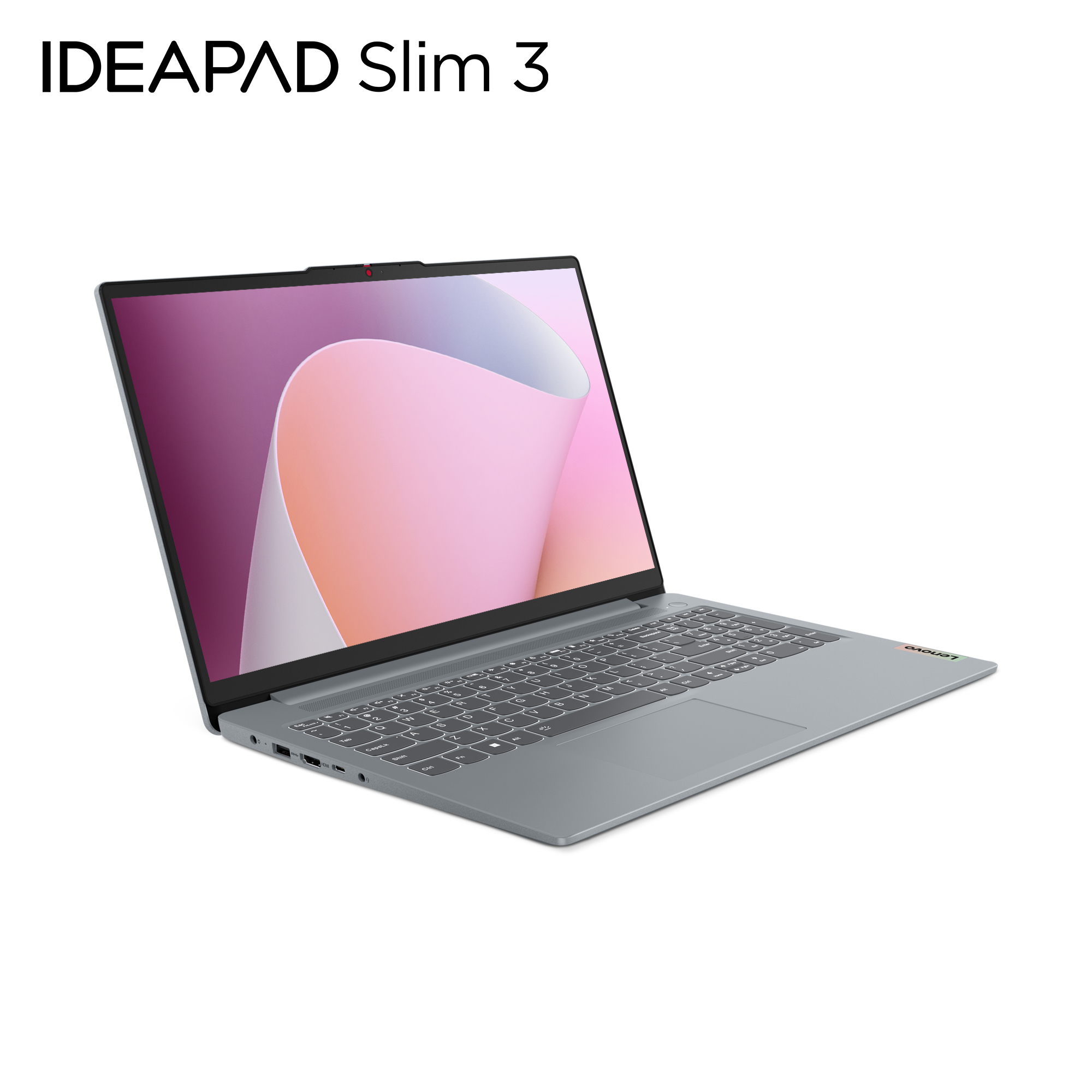 Laptop Lenovo IdeaPad Slim 3 argento aperto, che mostra una grafica rosa e bianca, su sfondo bianco.