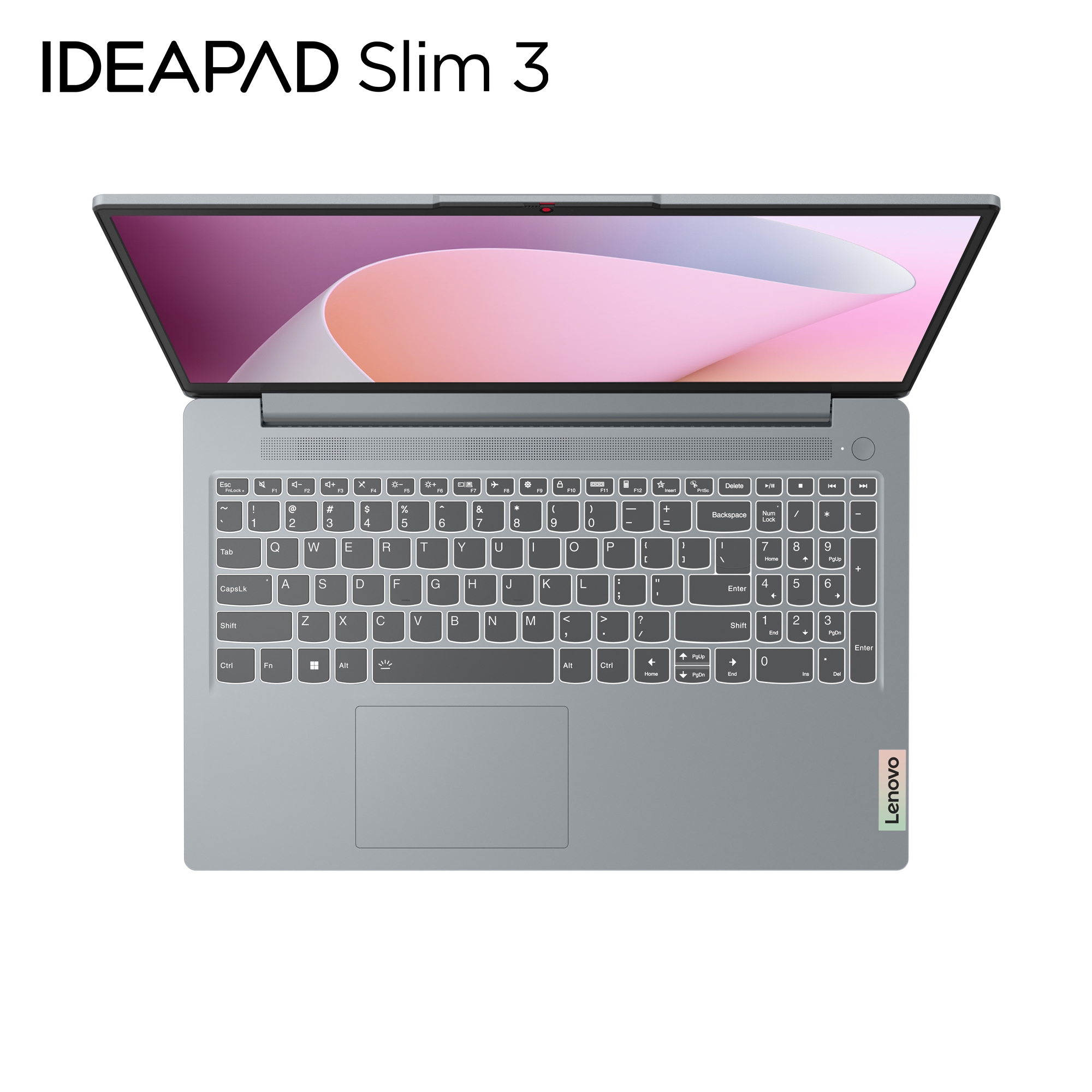 Scatto dall'alto di un laptop Lenovo IdeaPad Slim 3 argento, che mostra la tastiera e lo schermo.