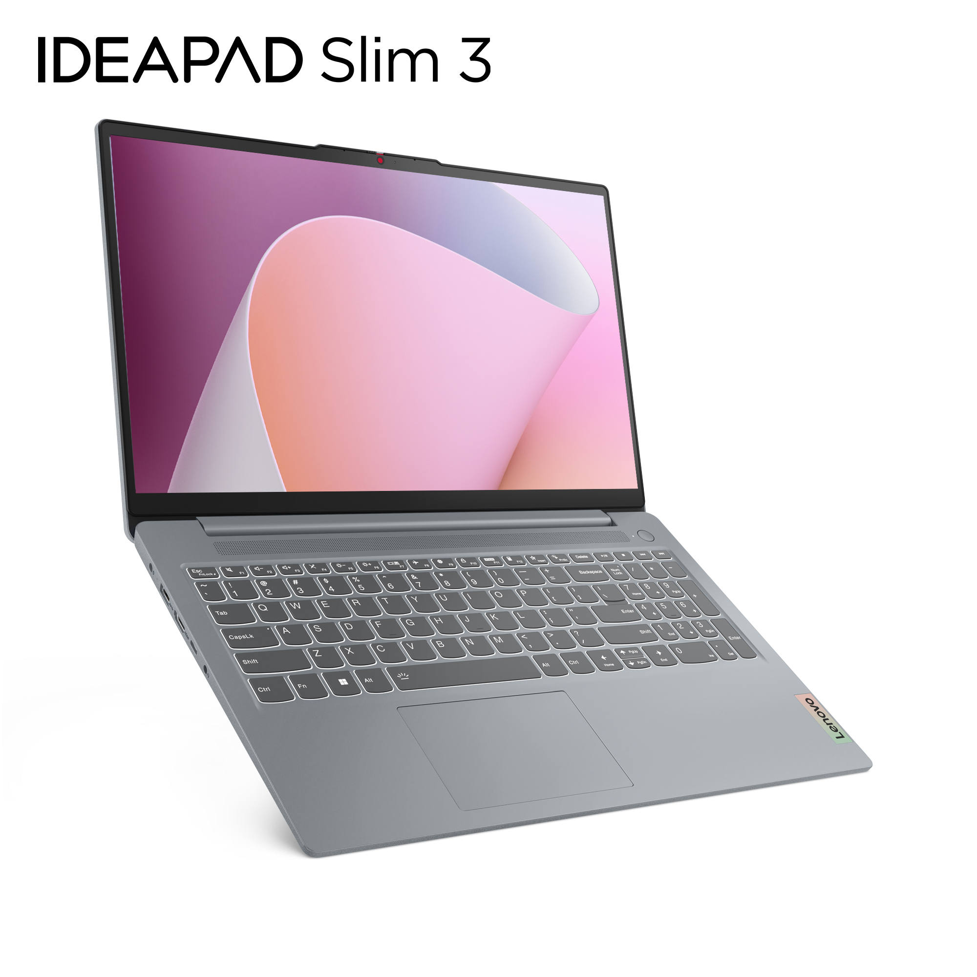 Laptop Lenovo IdeaPad Slim 3 argento aperto, che mostra una grafica rosa e bianca, su sfondo bianco.