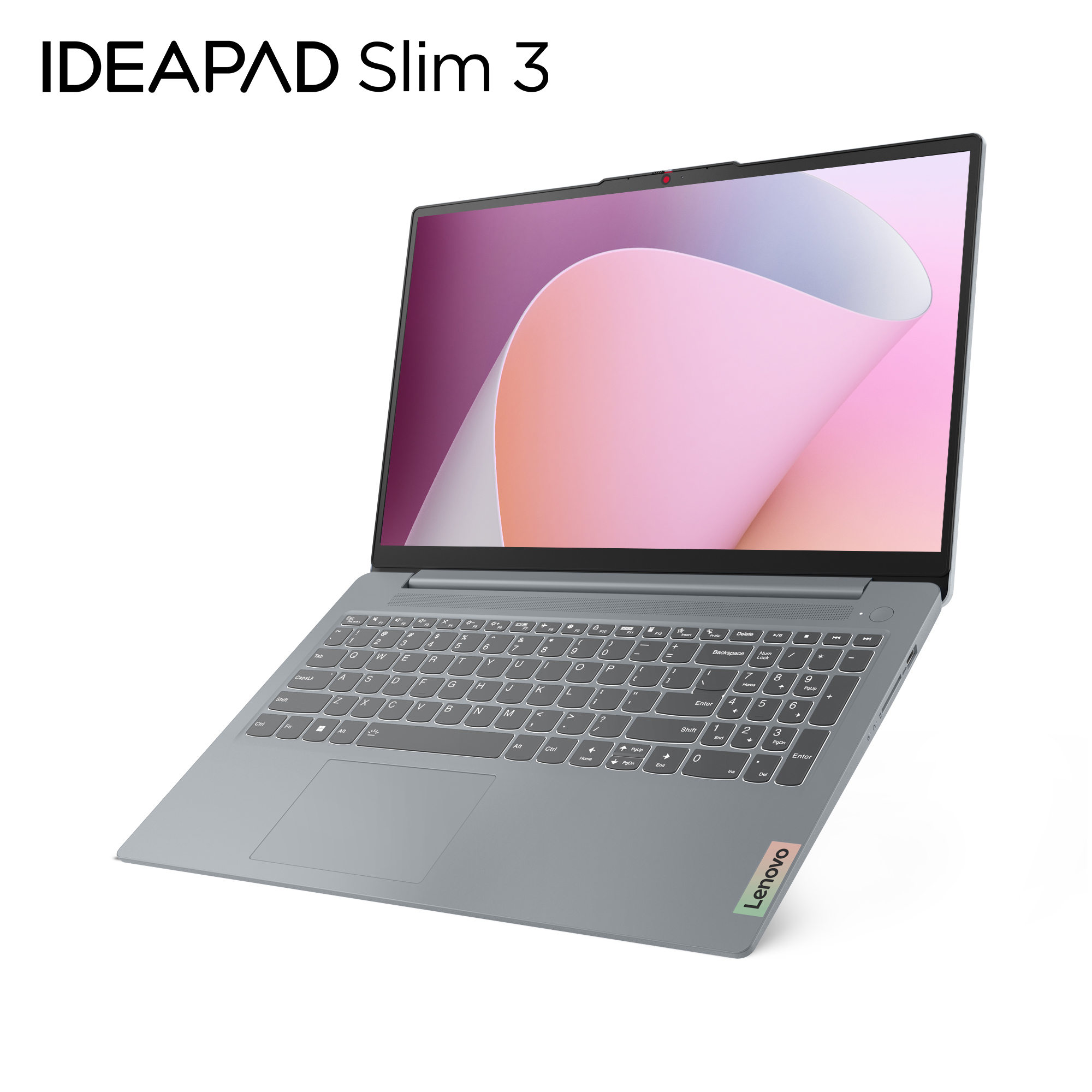 Laptop Lenovo IdeaPad Slim 3 argento aperto, che mostra una grafica rosa e bianca, su sfondo bianco.