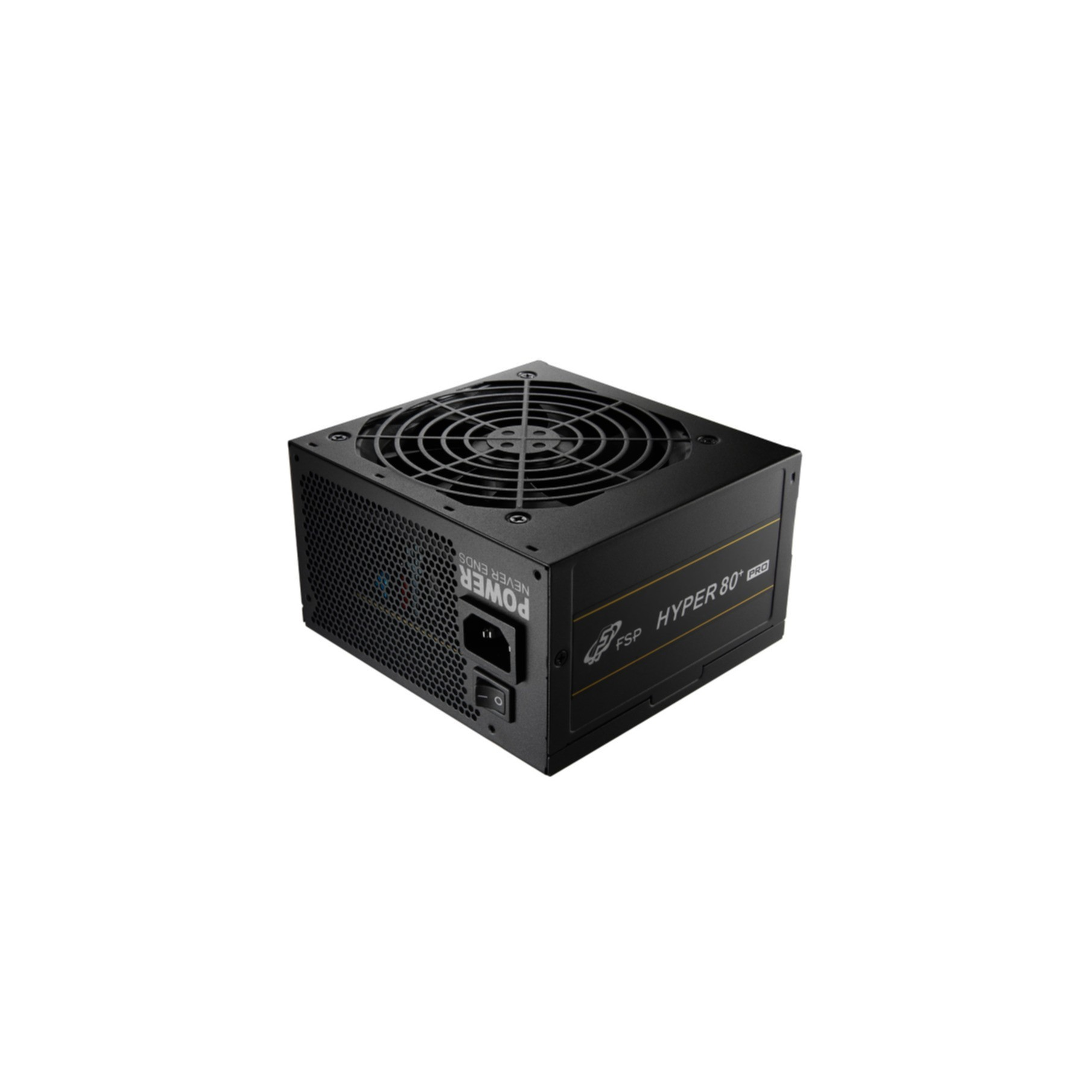 Alimentatore nero FSP Hyper 80+ su sfondo bianco, con griglia per la ventola.