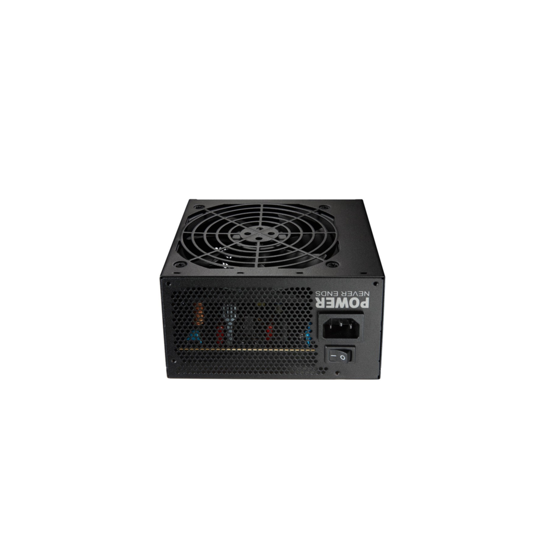 Alimentatore per computer nero, vista frontale, ventola in alto.